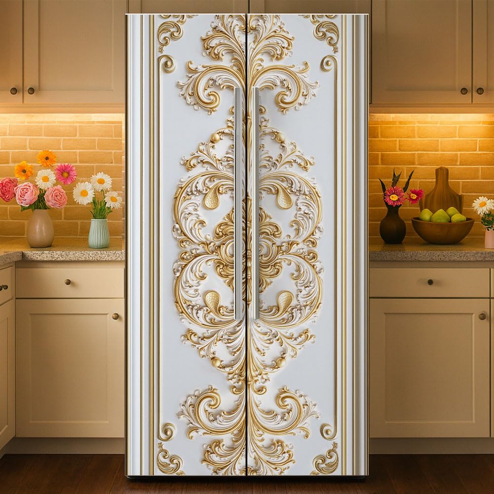 GOMAKERER 2 Pcs White Gold Baroque Carved Removable Refrigerator Wraps, Self-Adhesive Fridge Door Mural Vinyl Freezers Panel Cover Sticker for Kitchen Bar Decor, 41.5x200cm