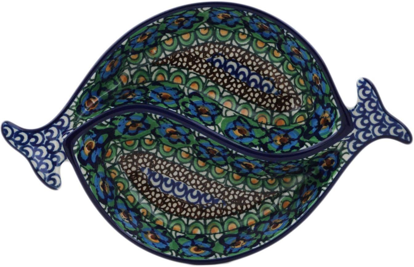 Polish Pottery 9-inch Divided Dish made by Ceramika Artystyczna (Mardi Gra Theme) Signature UNIKAT + Certificate of Authenticity