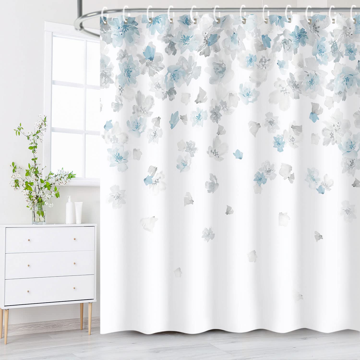 LIVILAN Cortina de ducha floral azul púrpura con 12 ganchos, cortina de ducha impermeable con flores para baño, decoración azul púrpura floral