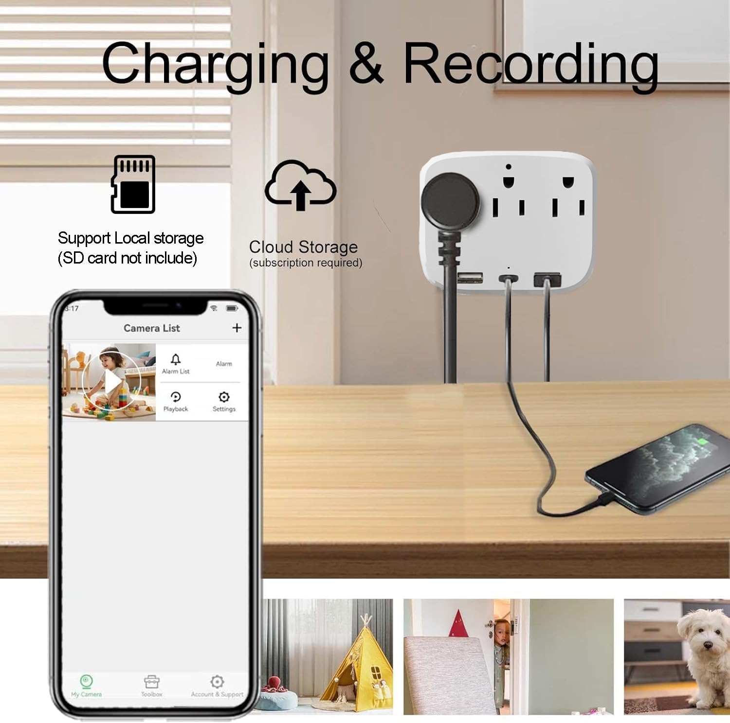 Kamera 4K HD do wewnątrz na ścianę, ładowarka bezpieczeństwa, kamera WiFi z alertami o ruchu, kompresja H.265+, podwójne porty USB/typu C do użytku domowego/biurowego