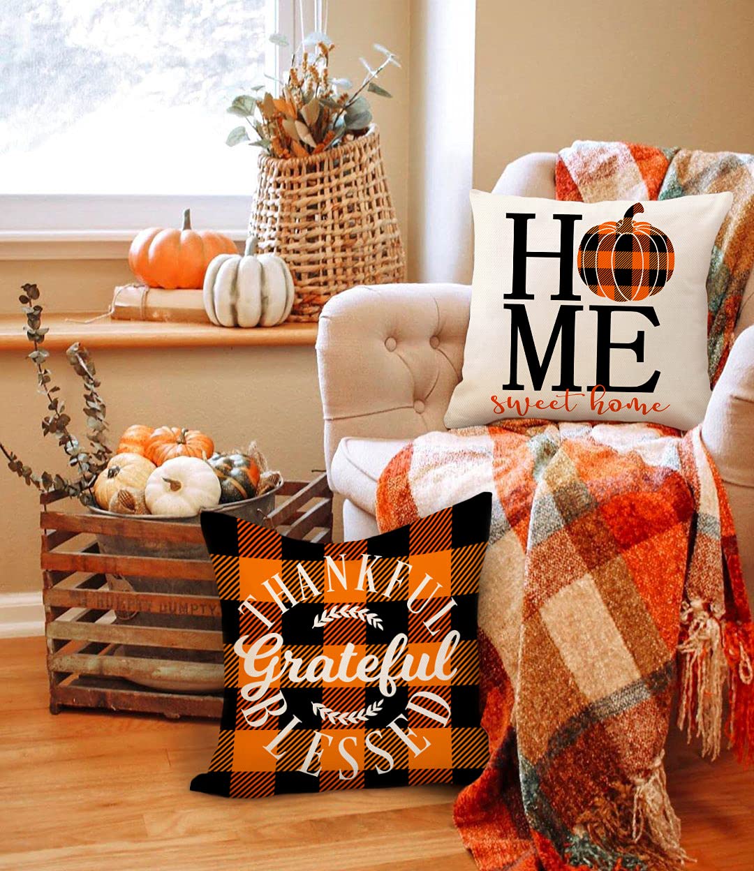 4TH Emotion Fall Decor Pillow Covers 18x18 Set of 4 Thanksgiving Buffalo Check Farmhouse Decorations Orange Black Pumpkin Maple Leaves Outdoor Decorative Throw Cushion Case for Home Couch TH025-18 3