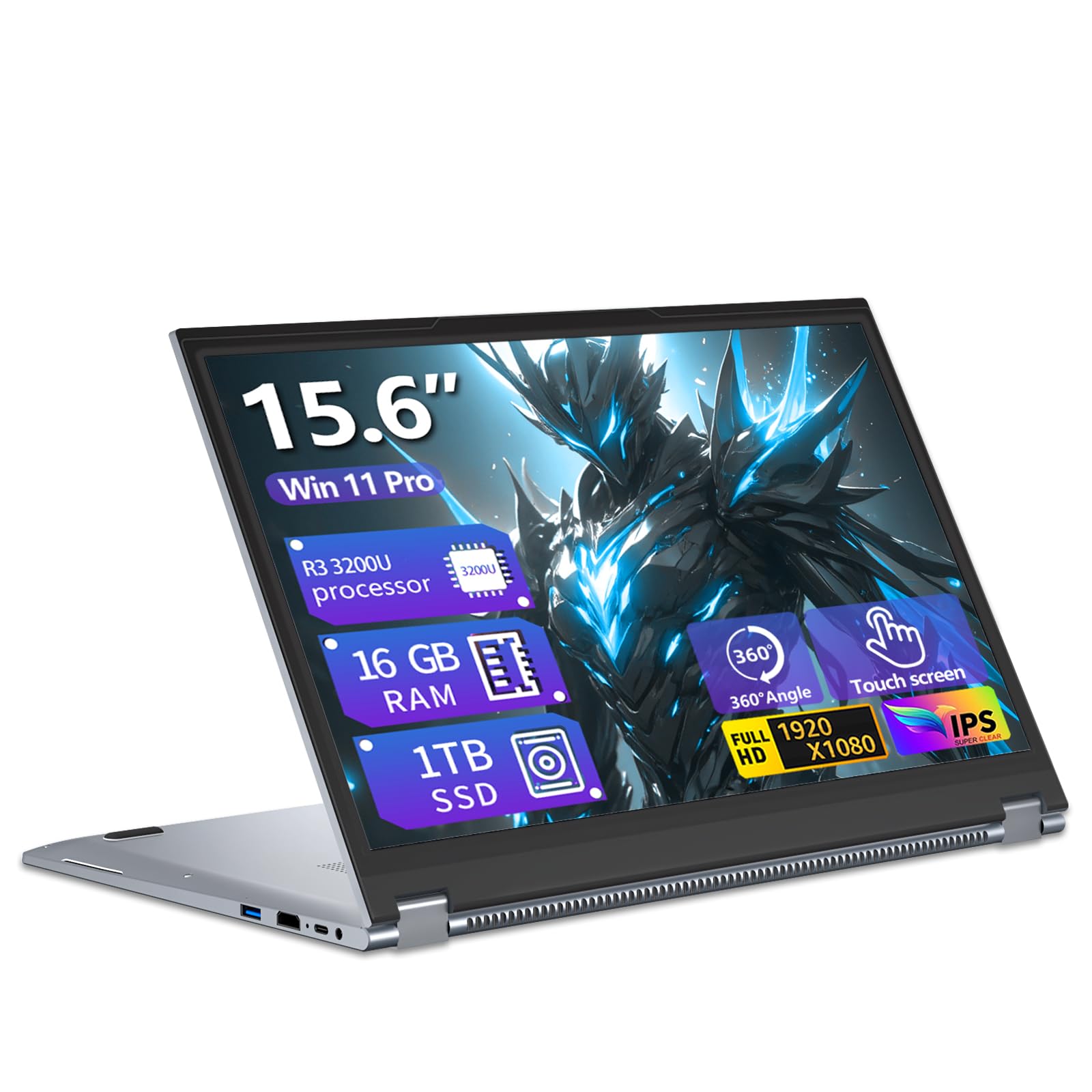 PC Portatile 2-in-1 Touchscreen da 15,6 Pollici, Win 11 Notebook con Ryzen 3 3200U Processore, Laptop 16GB RAM 1TB SSD, Computer Portatile 360° Rotation Touchscreen 1080P FHD RJ45 USB3.0 Mini-HDMI