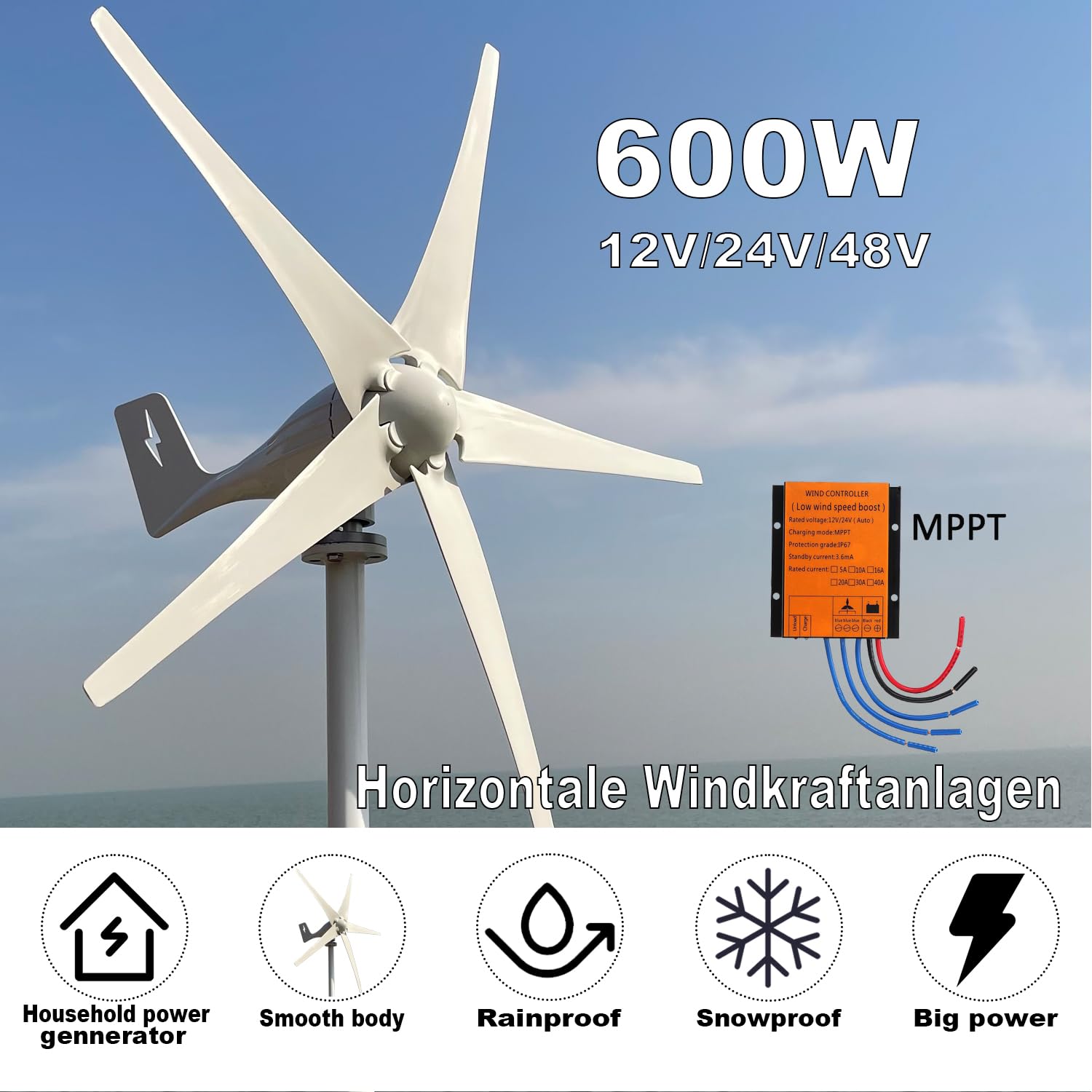 600W aerogenerador 12V/24V/48V 5-pala de alto rendimiento turbina eólica MPPT controlador de carga Horizontal sistema de energía eólica para el hogar y la granja (12, Voltios)