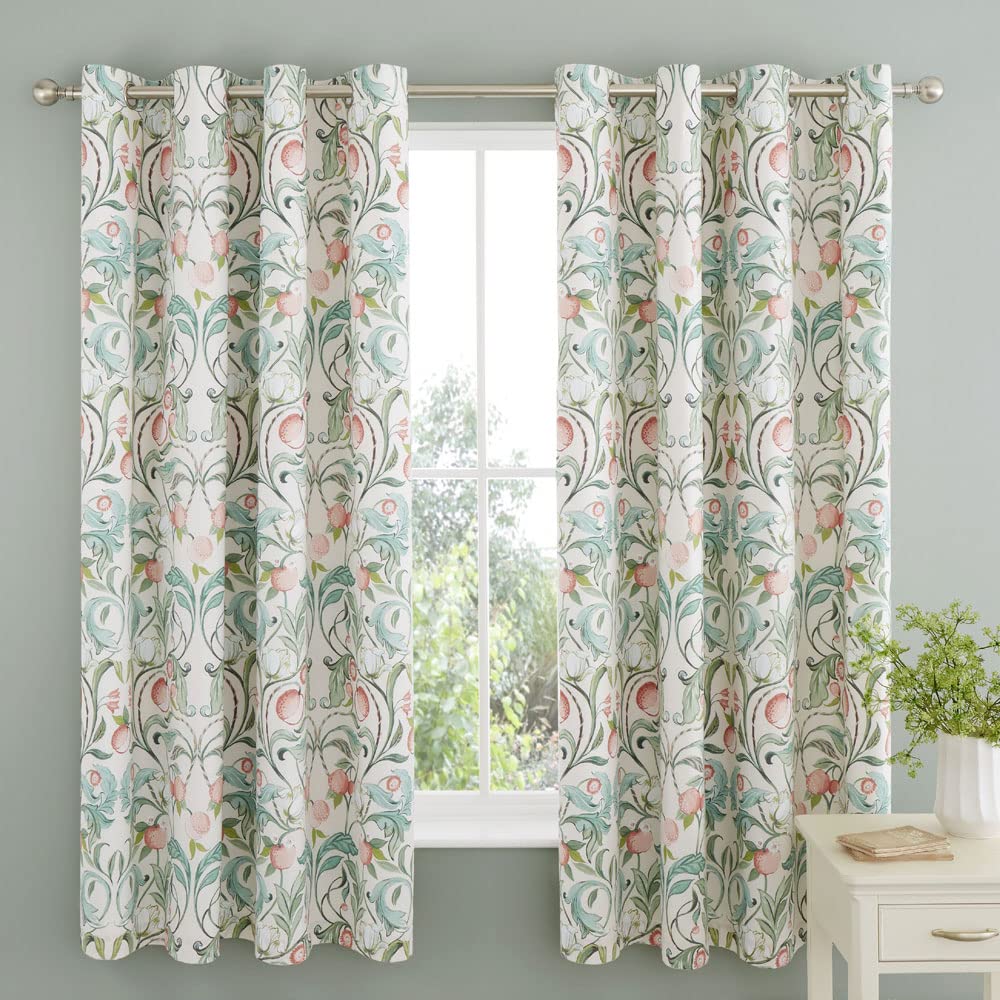 Catherine Lansfield Clarence Floral 66x72 Inch Lined Eyelet Curtains Two Panels Natural Green