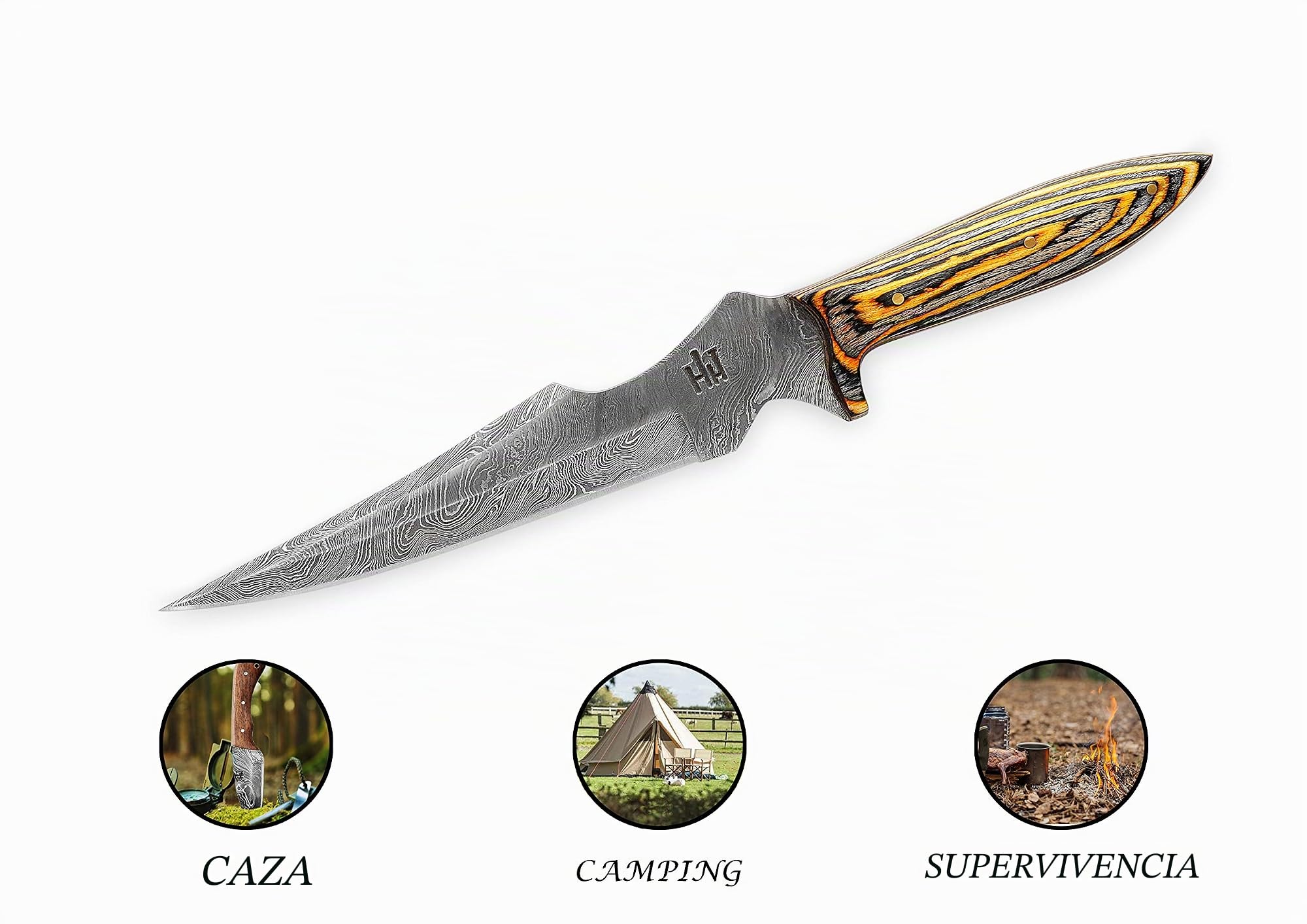 Hobby Hut HH-302 - Cuchillo de acero de Damasco hecho a mano de 12 pulgadas, cuchillo de caza, mango Micarta, funda de cuero, diseñado para caza y camping