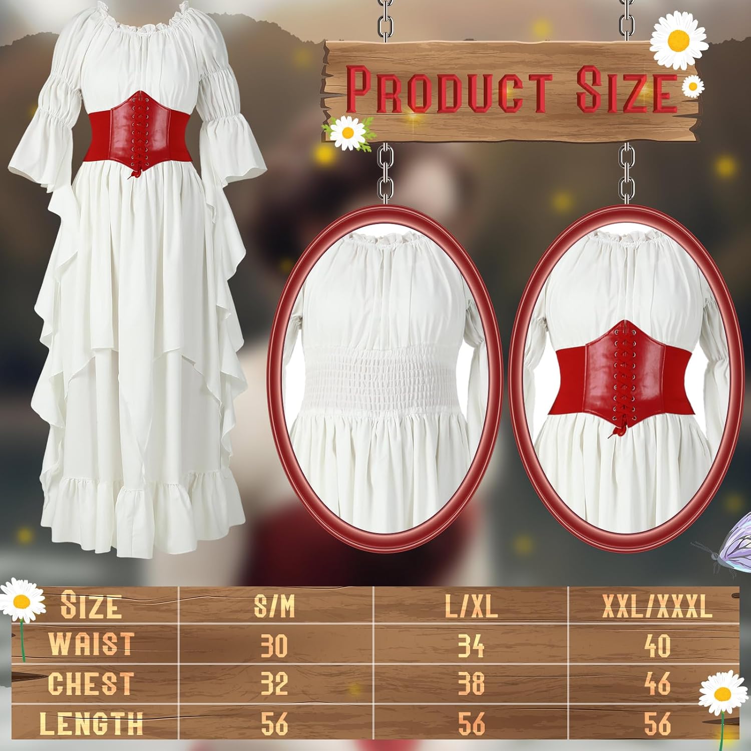 3 Pcs Halloween Medieval Mushroom Costume Women Victorian Fairy Renaissance Retro Dress with Hat Cinch Belt Decor