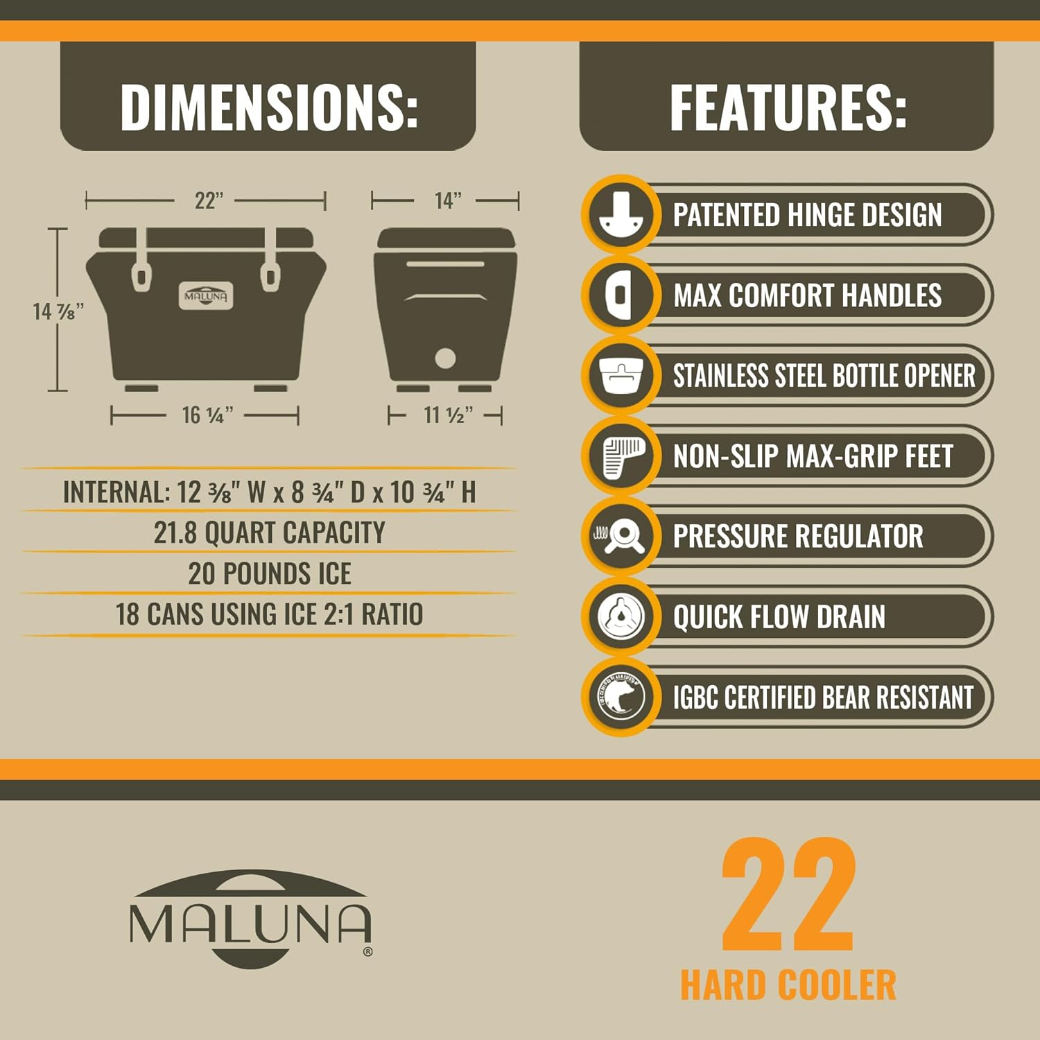 Maluna 22 Cooler | Hard Cooler | Insulated | Rotomolded | Made in USA