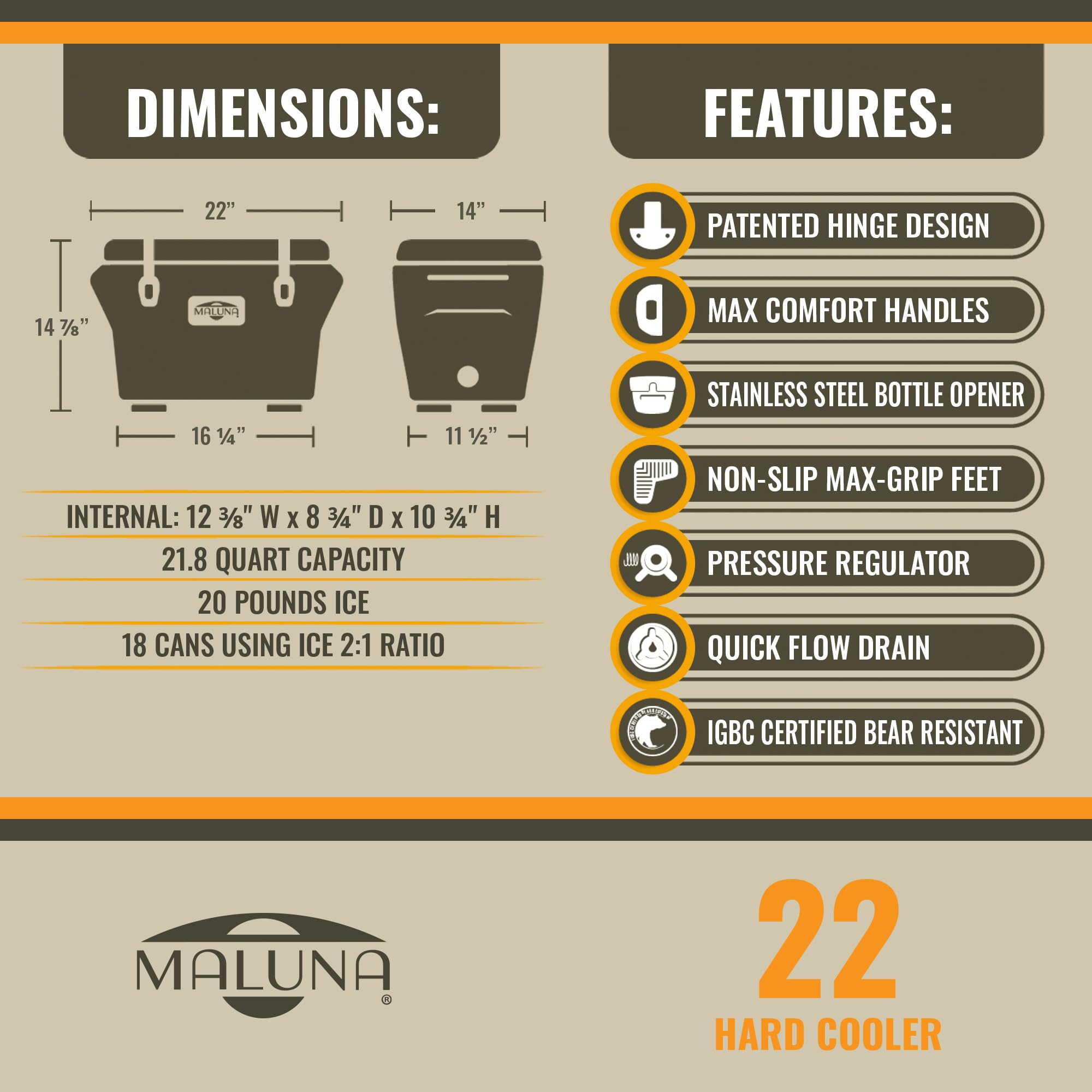 Maluna 22 Quart Chill Blue Hard Cooler | Rotomolded | Insulated Portable Ice Chest Box for Drinks, Beverages, Beach, Camping, Picnic, Hunting, Fishing, Boating | Made in USA