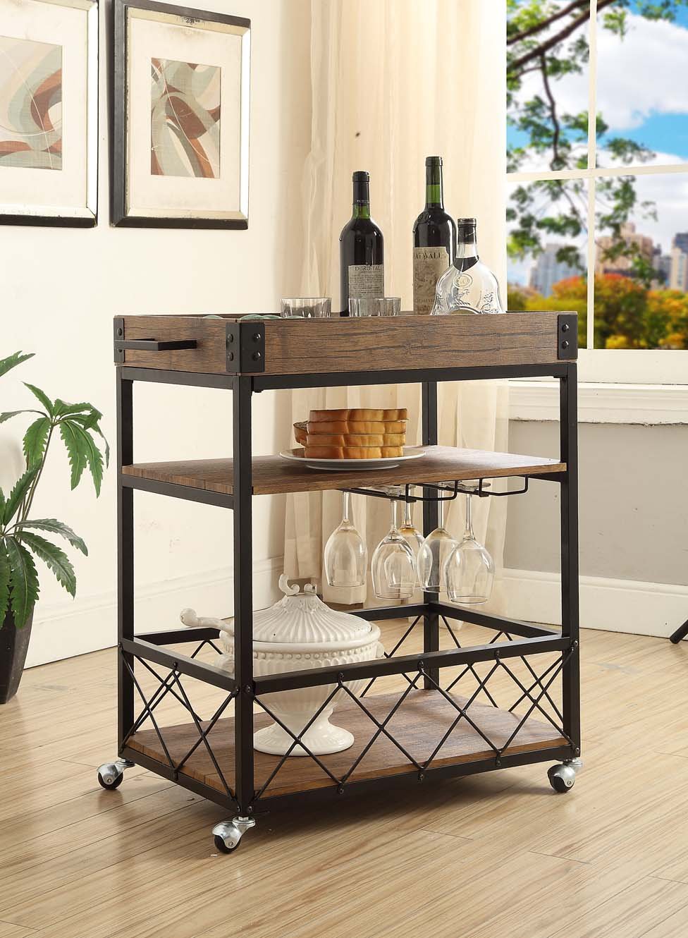 Vintage Brown Black Metal Industrial Style 3-tier Serving Wine Tea Dining Kitchen Cart with Bottle Holder