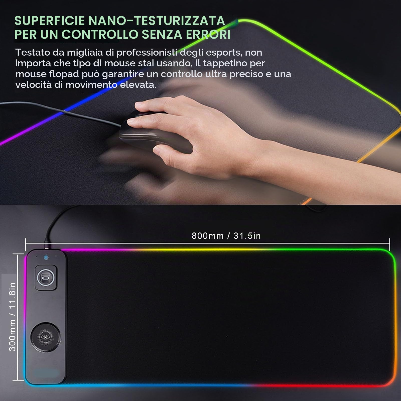 Tappetino Mouse Gaming RGB, Ricarica Wireless 15W Qi Veloce, Base in Gomma Antiscivolo, LED, per PC e Laptop