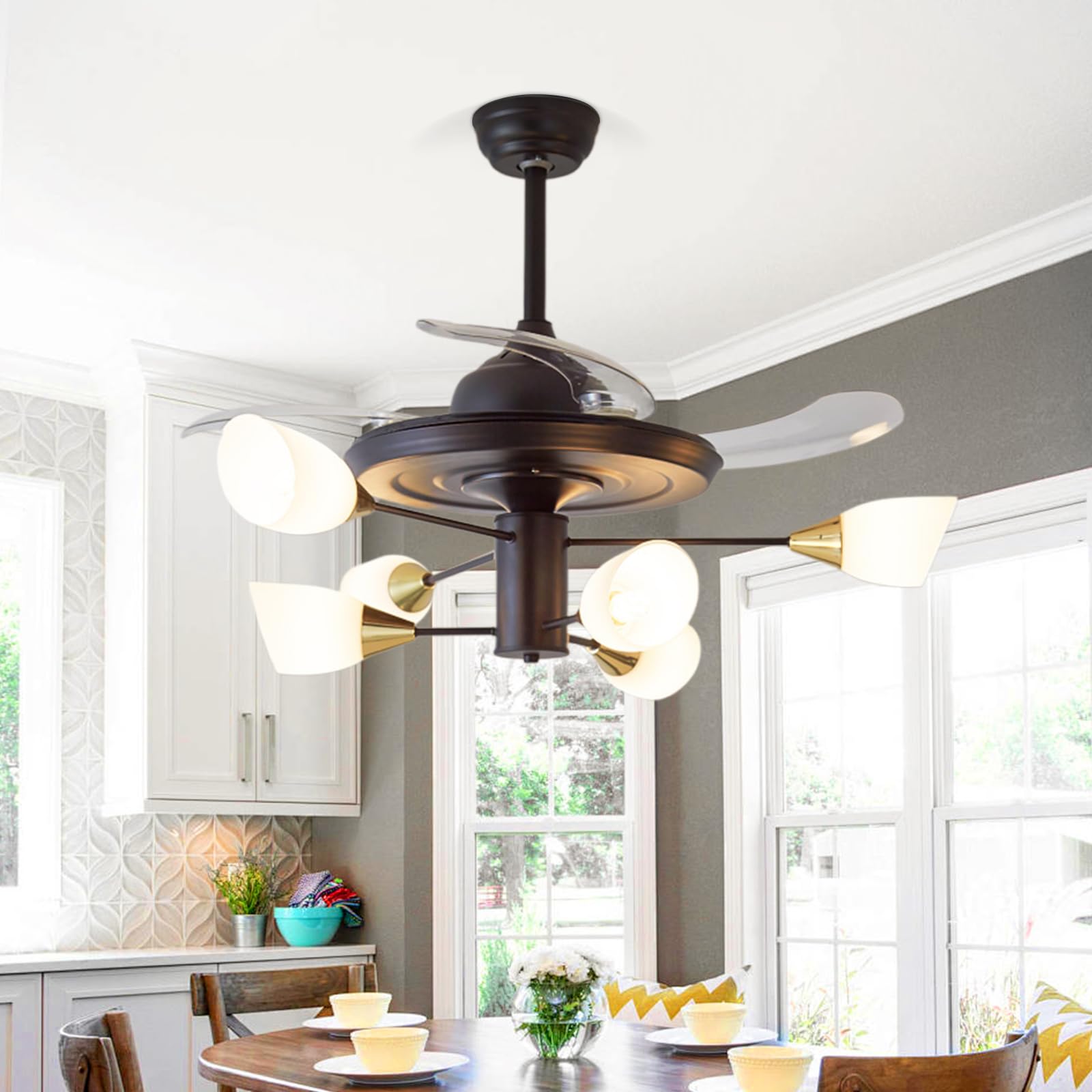 Depuley Farmhouse Fandelier Ceiling Fan with Lights: 6-Light Lucky Horseshoe Chandelier with Fan - 48" Retractable Industrial Ceiling Fan with Light - Black Sputnik Fandelier for Living Dining Room