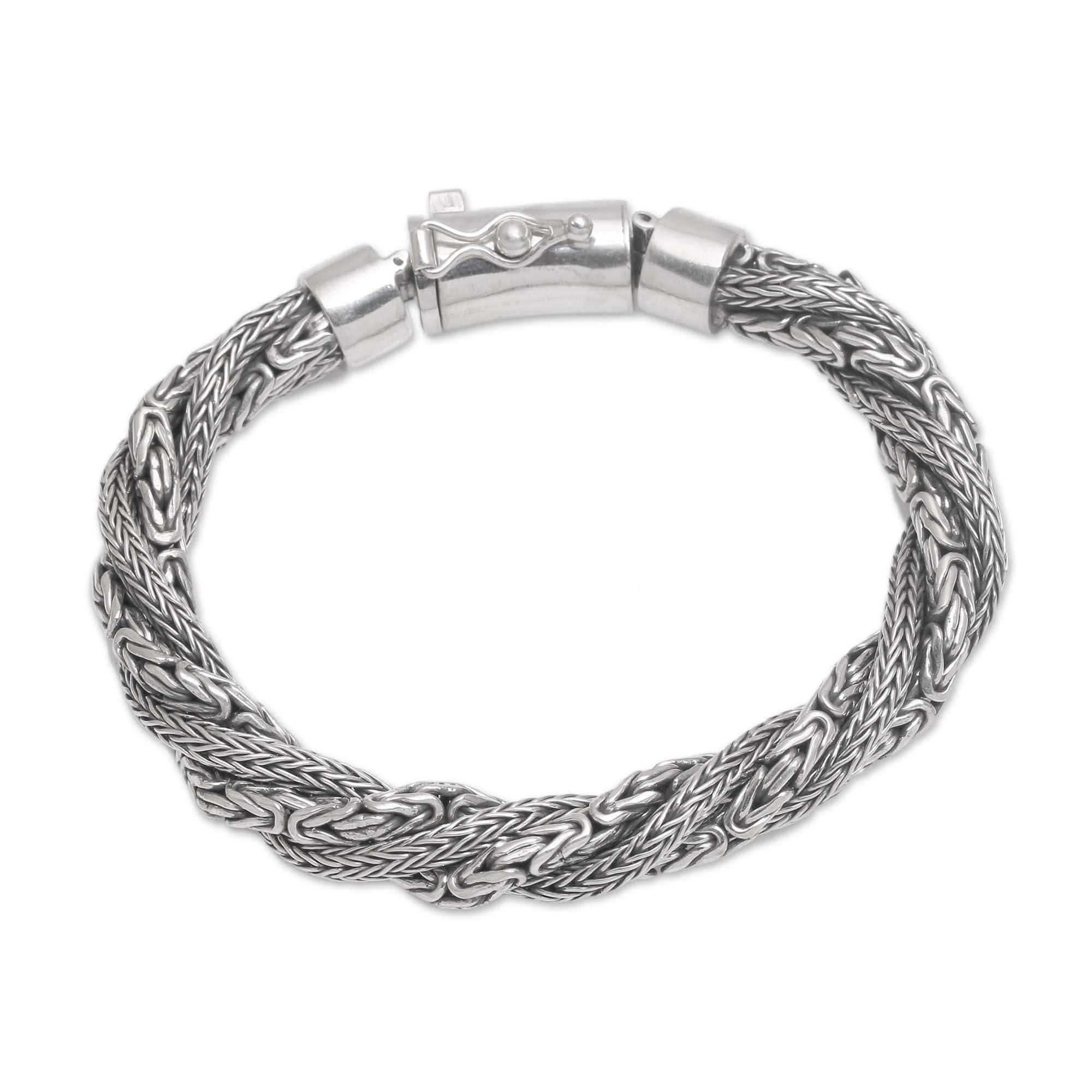 NOVICA Artisan Handmade Sterling Silver Chain Bracelet Borobudur Naga from Bali Indonesia [8.75 in L x 0.3 in W Fits Wrist Size 7.5 in L] ' Basuki Dragon'