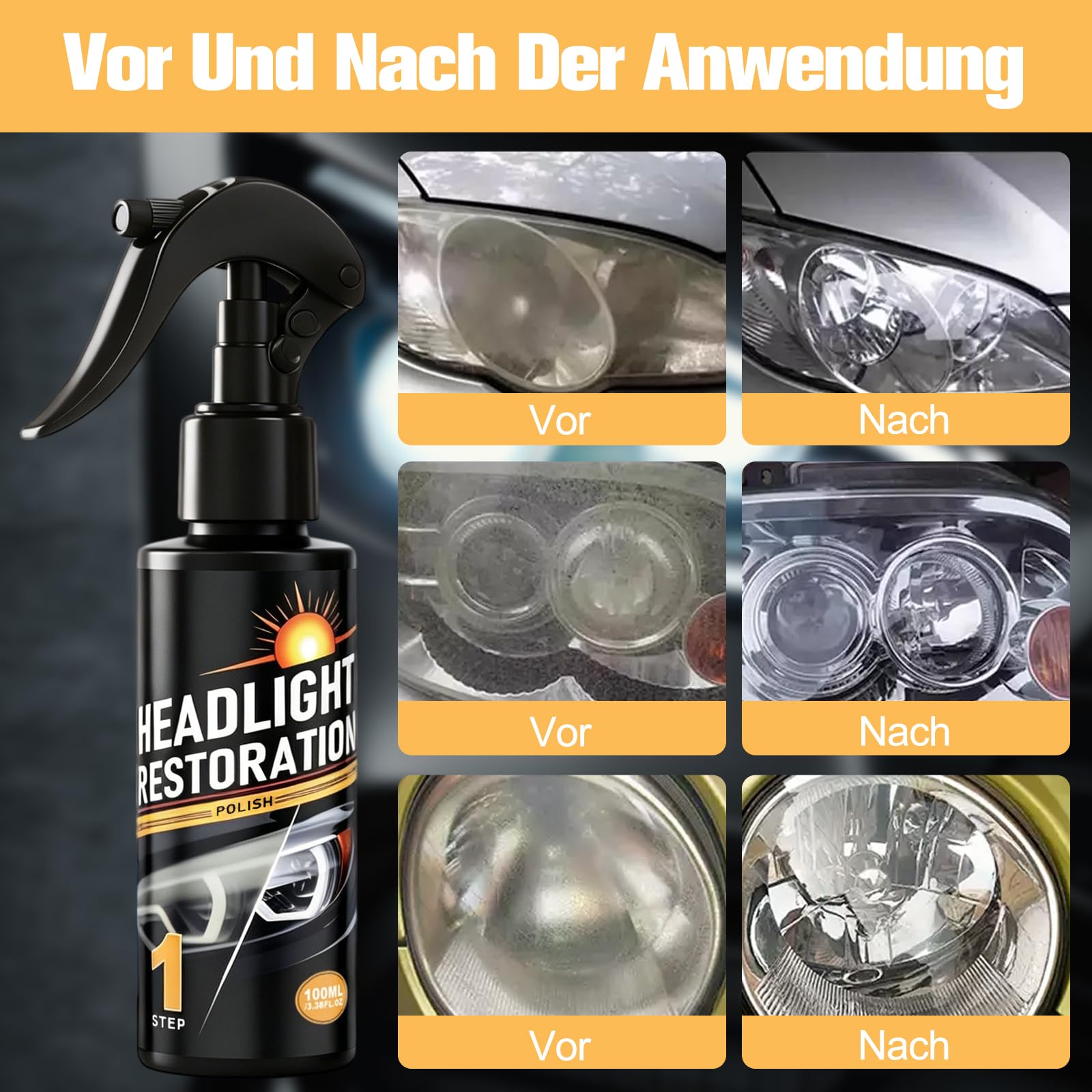 120ml Scheinwerfer Aufbereitung Spray Set, Car Headlight Cleaner, Headlight Restoration Polish Kit, Restores Clarity & Shine, für Reinigt Poliert Vermattete Vergilbte