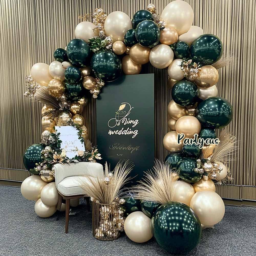 Emerald Green Gold Balloon Arch Garland Double Stuffed Dark Forest Green Pearl White Sand Ivory Balloon Kit for Birthday Wedding Anniversary Graduation Party Decoration