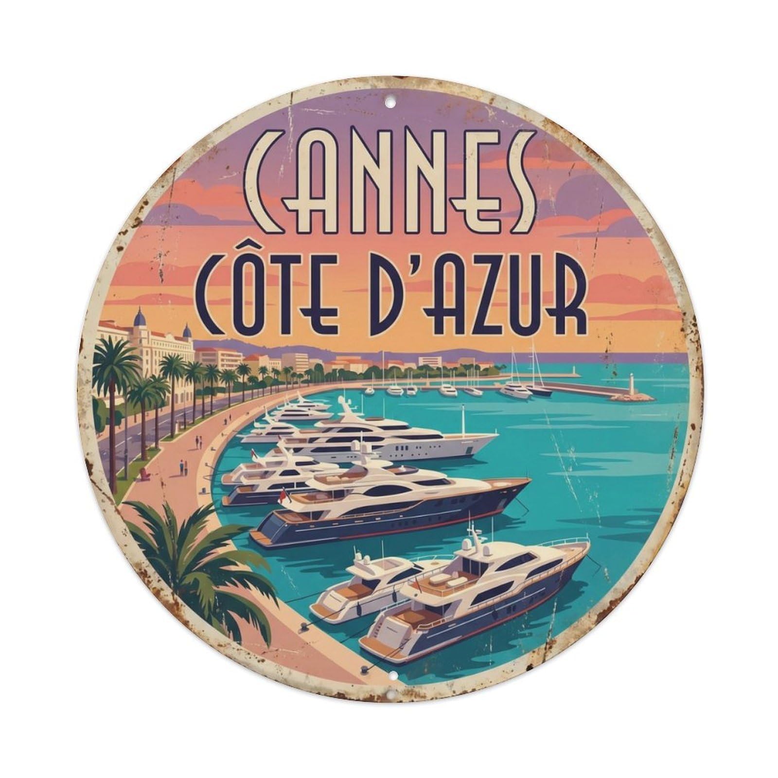 Vintage Travel Cannes Harbor Mediterranean Metal Tin Sign Plaque Wall Decor for Cafe, Club Bar, Office, Home Garden Round Metal Poster 8x8Inch