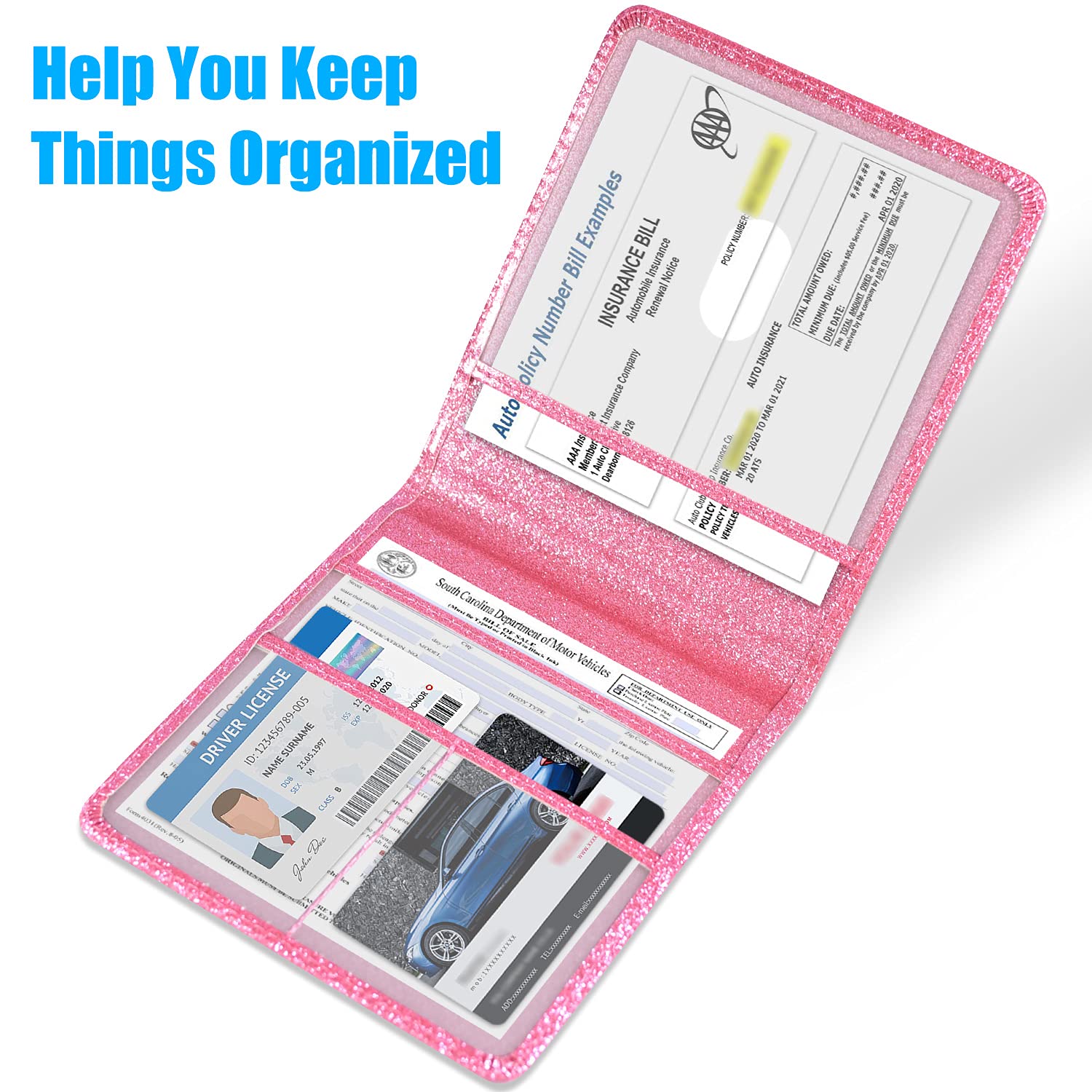 Soporte para registro y seguro de automóvil, organizador de cuero folio, guantera de documentos, accesorios para compartimento de camión para información esencial, tarjetas de licencia de 5
