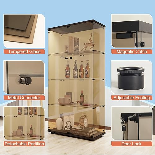 Miniatura 8 de FANYUSHOW Vitrina de cristal con 2 estantes con puerta doble, gabinetes Curio de 0.157 in de vidrio templado para dormitorio, sala de estar, 33.7 x