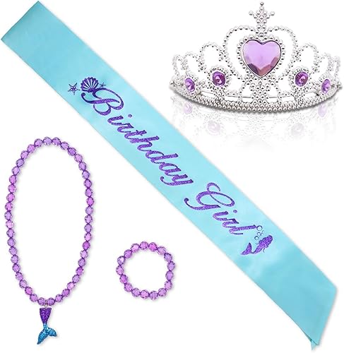Juego de 4 collares con dije de corona de sirena para niña de cumpleaños, suministros de decoración de fiesta de cumpleaños bajo el mar, tiara para