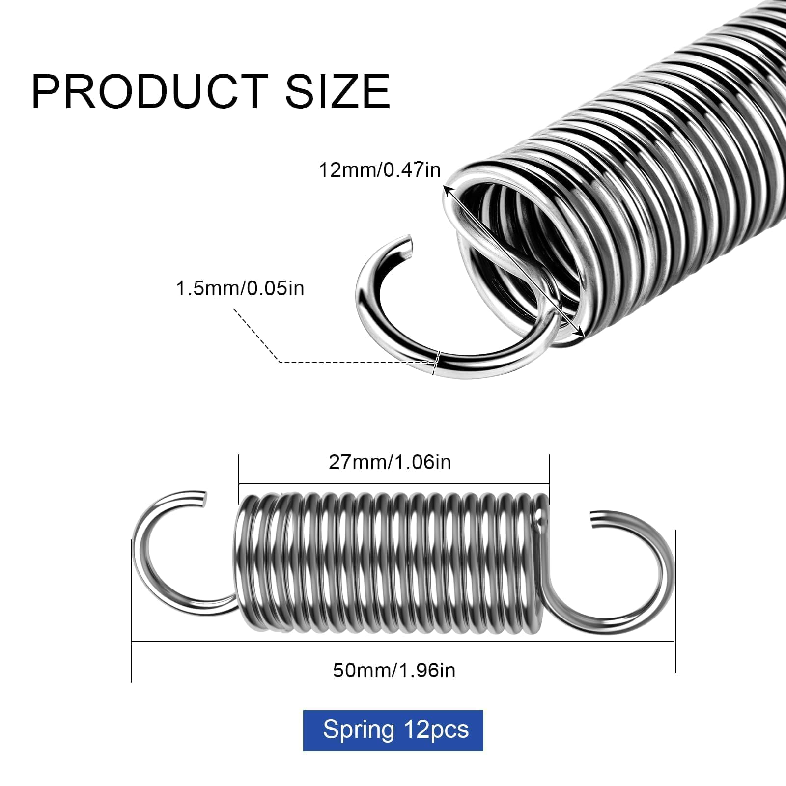 12 Molle A Trazione Con Gancio | 50x12x1.5mm | Acciaio Inossidabile | Per Trampolini, Bidoni - Foto 10