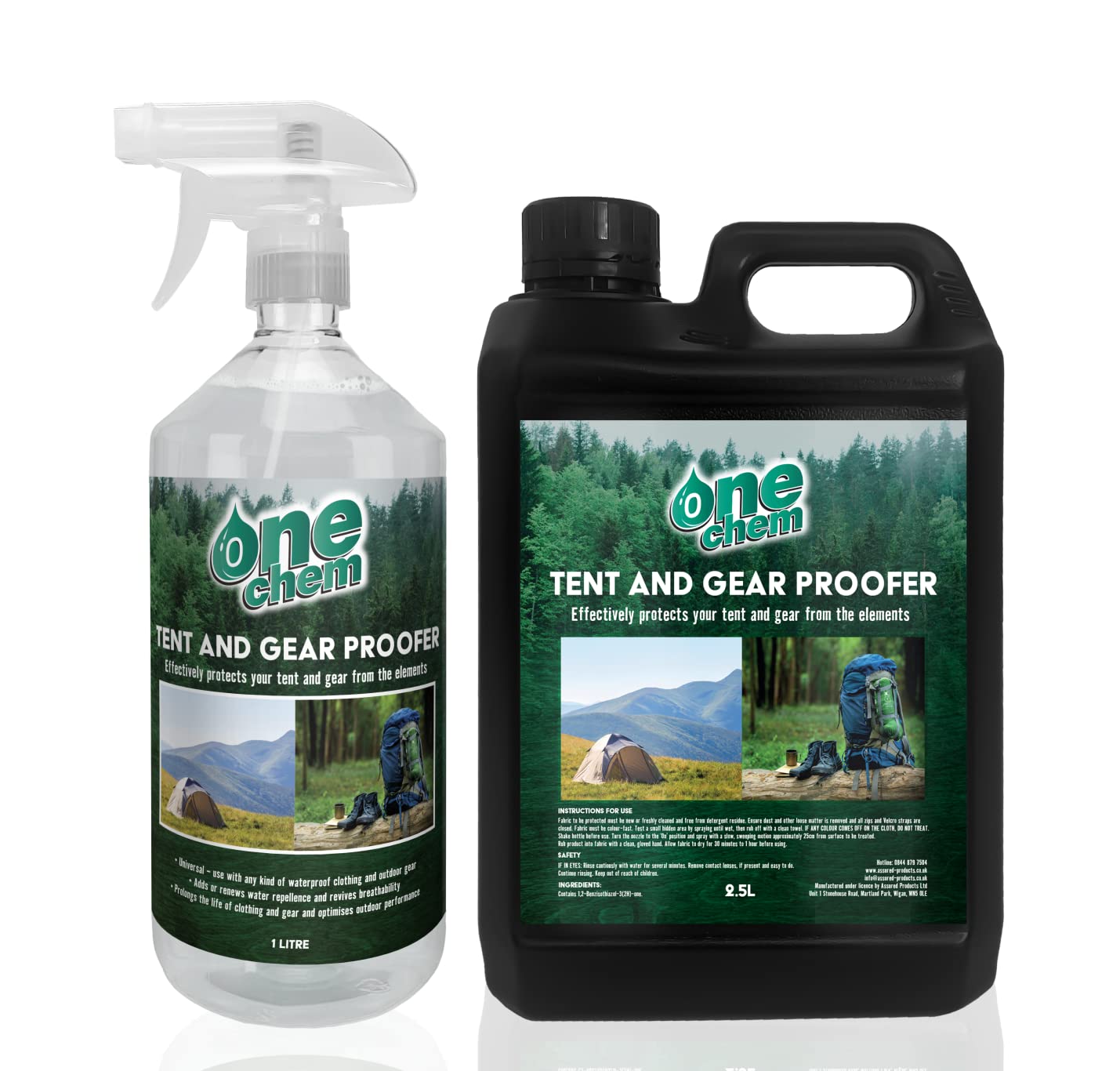 Tent and Gear Waterproof 1 Litre Spray - with 2.5L Refill - Effectively Protects Tents From The Elements - Ideal for Camping and Hiking
