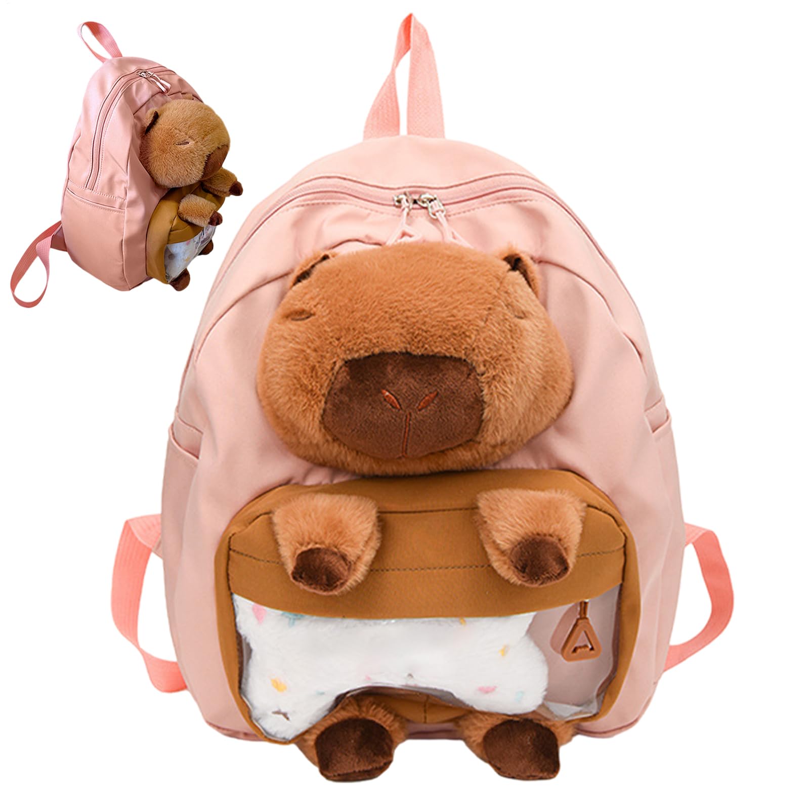 Mochila de peluche Capybara rosa escolar para libros universitarios de gran capacidad 8