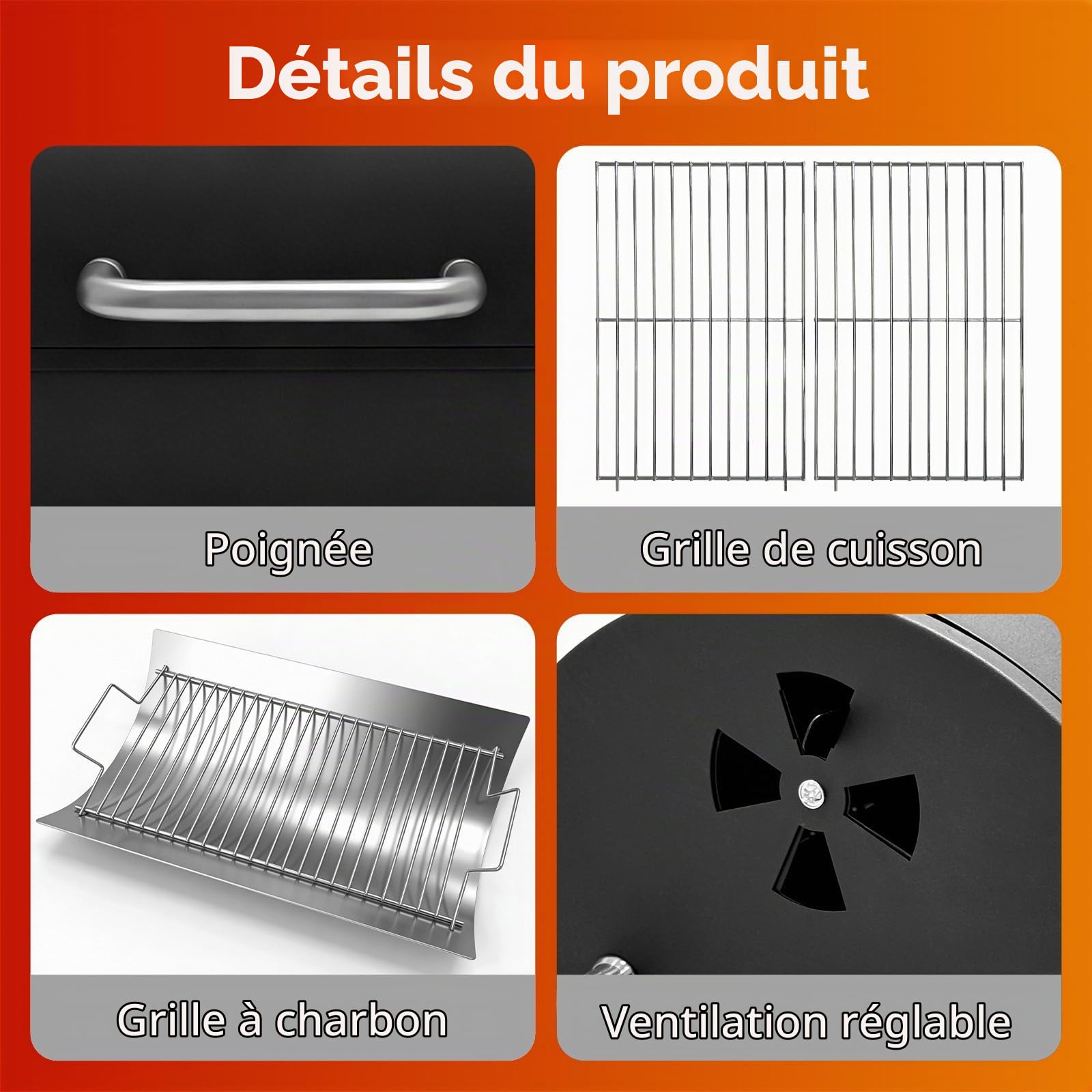 Barbecue de table avec couvercle, surface 32x43 cm | Thermomètre intégré, Pour le fumetage, Grillage en 2 parties