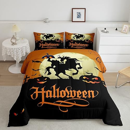 Erosebridal Juego de ropa de cama con temática de Halloween, tamaño King, Kawaii, calabaza, murciélagos, juegos de ropa de cama con estampado de