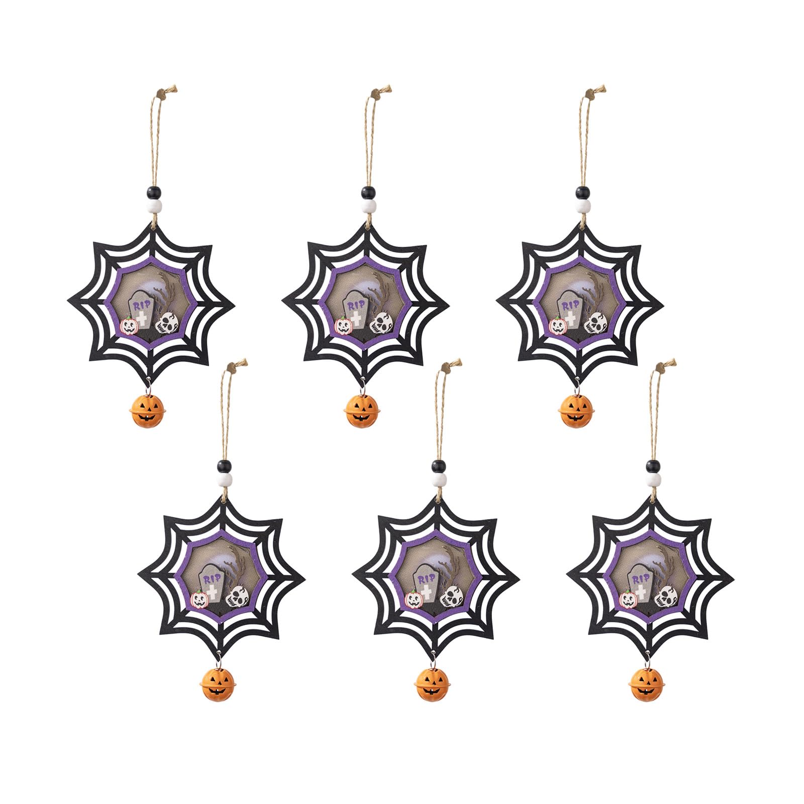 Tsophreniq Of 6 Halloween Scene Pendant Wood Hanging Decoration with Soft Glow Light Pumpkin/Bat/Spiders Festival Adornment Party Decoration