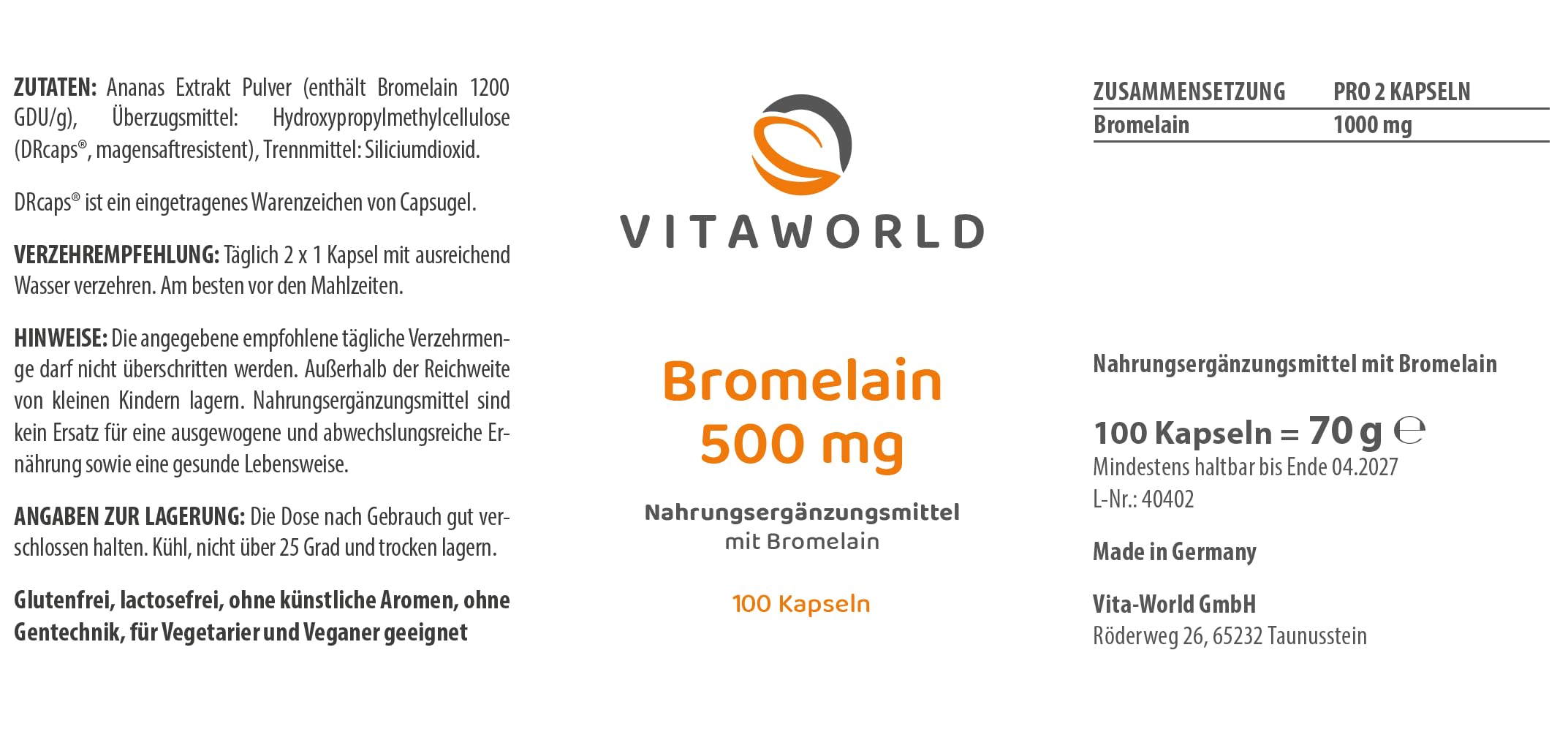 3er Pack Vita World Bromelain 500mg 3 x 100 Kapseln Vegan Apotheker-Herstellung