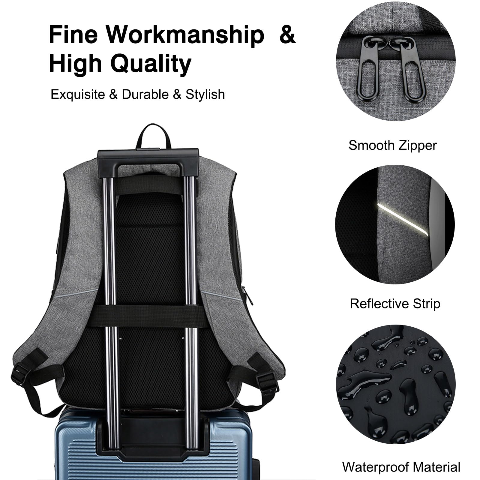 FANDARE Hombre Laptop Mochilas con Banda Reflectante Mujer Bolsa de Equipaje de Mano para avión Hombre Mochila Viaje Ryanair Bolsa Bolso de Mano Mochila Viaje Bolsos Negocio Trabajo Mochila Negro