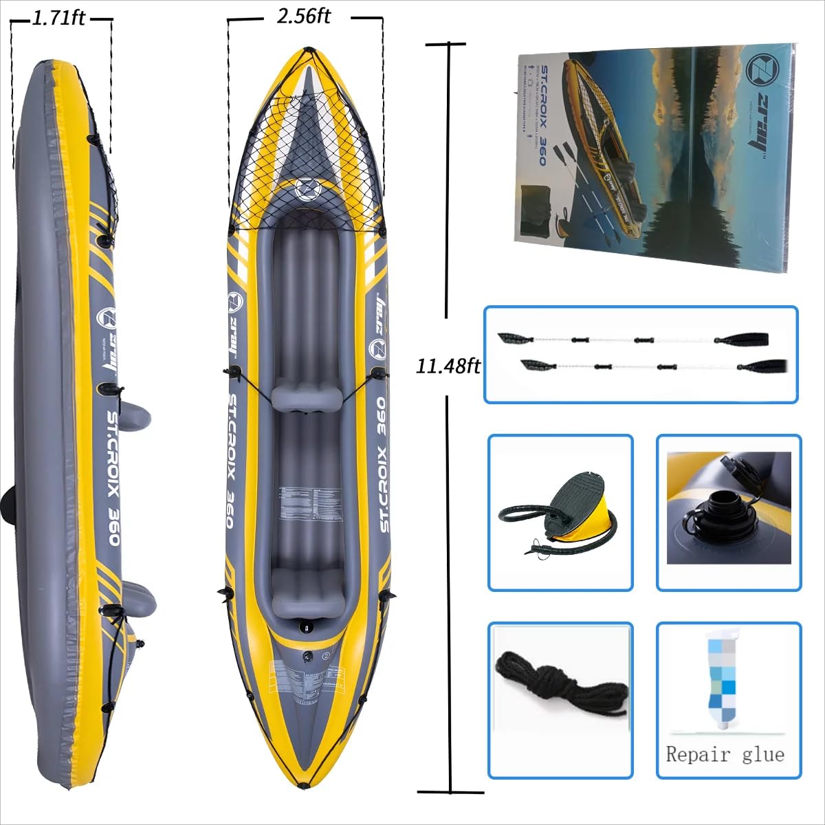 Kayak Hinchable 2 plazas Double Inflatable Kayak, MAX 180kg with Oars and Pump Portable Barca Hinchable Kayak with Inflatable Seats Carrying Bag for Lake River Outdoor