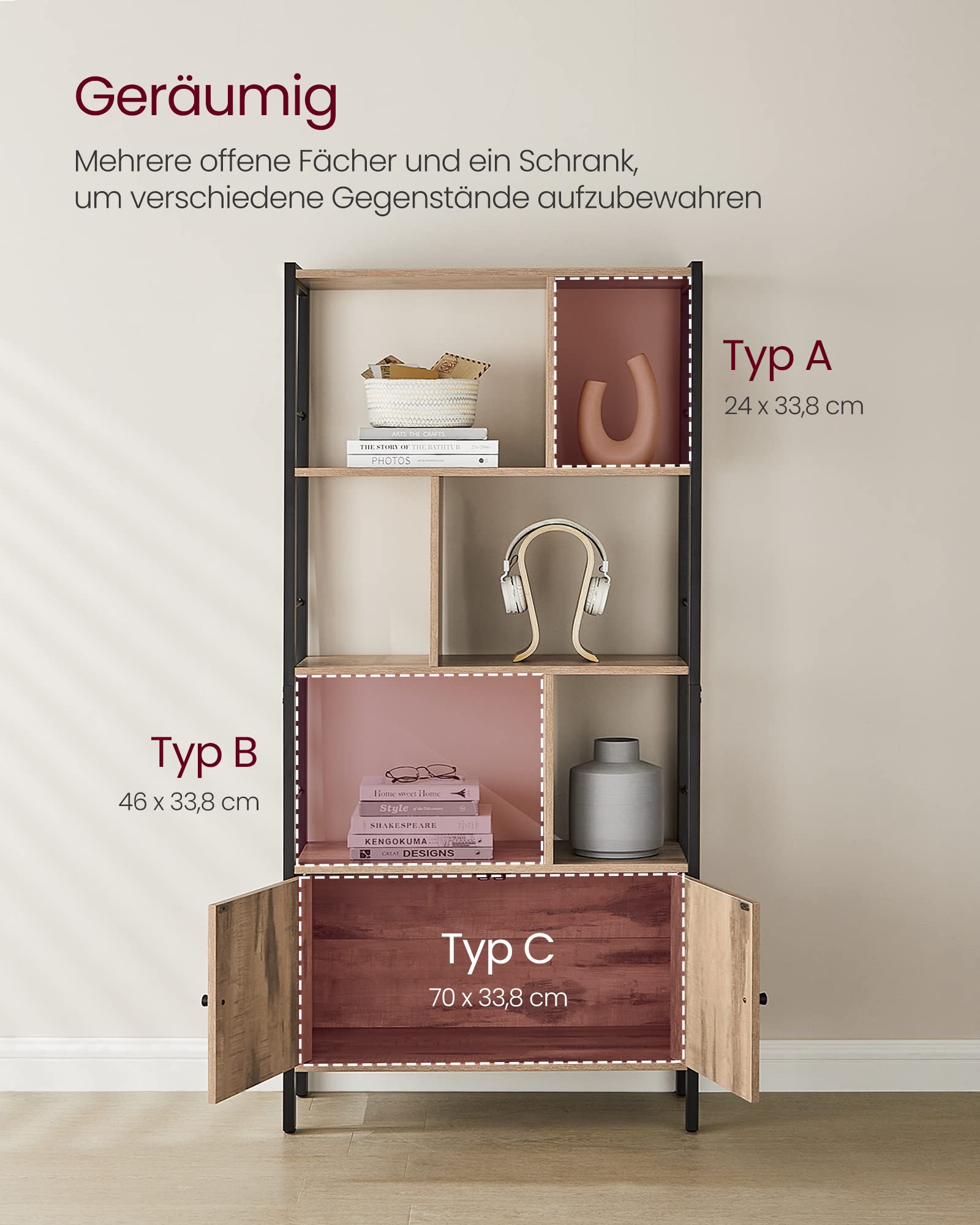 VASAGLE Bücherregal mit 4 offenen Regalebenen Stahlgestell Industrie-Design Kamelbraun-tintenschwarz LBC022B50