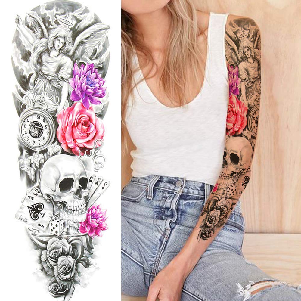 TASROI 10 Sheets Halloween Death Skull Skeleton Full Arm Temporary Tattoo Sleeve For Kid Women Day Of Dead Face Costume Poker Red Rose Punk Girl Fake Temporary Tattoos For Men Sticker Old School Clock