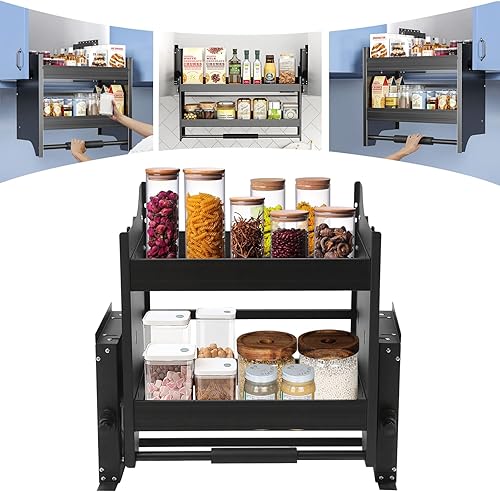 Miniatura 3 de Organizador de gabinete extraíble, estante desplegable de armario de cocina de 2 niveles, estante de pared colgante multifuncional, organizador de