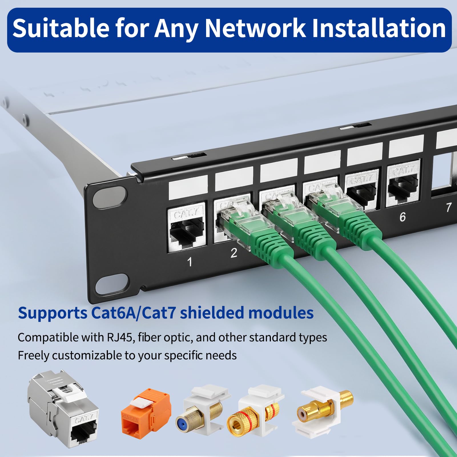 24 Porte CAT7 Pannello Patch, Supporta Larghezza Banda 10 Gbps/600 MHz, 19" Pannello Patch Keystone Schermato con Protezione EMI/RFI per Abitazioni Database Uffici e Data Center