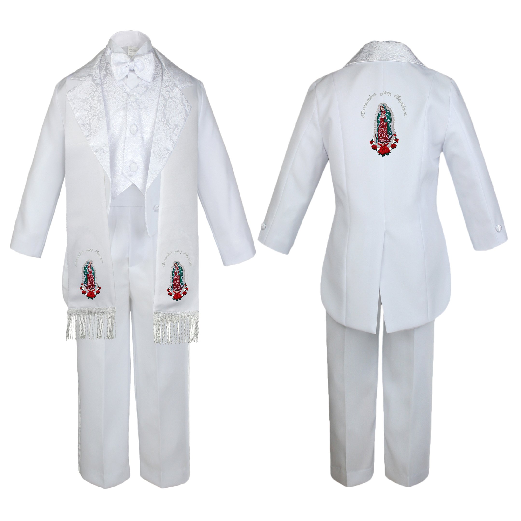 Unotux Baby Boy Teen Baptism White Tail Suit Silver Guadalupe Stole & Back SM-20