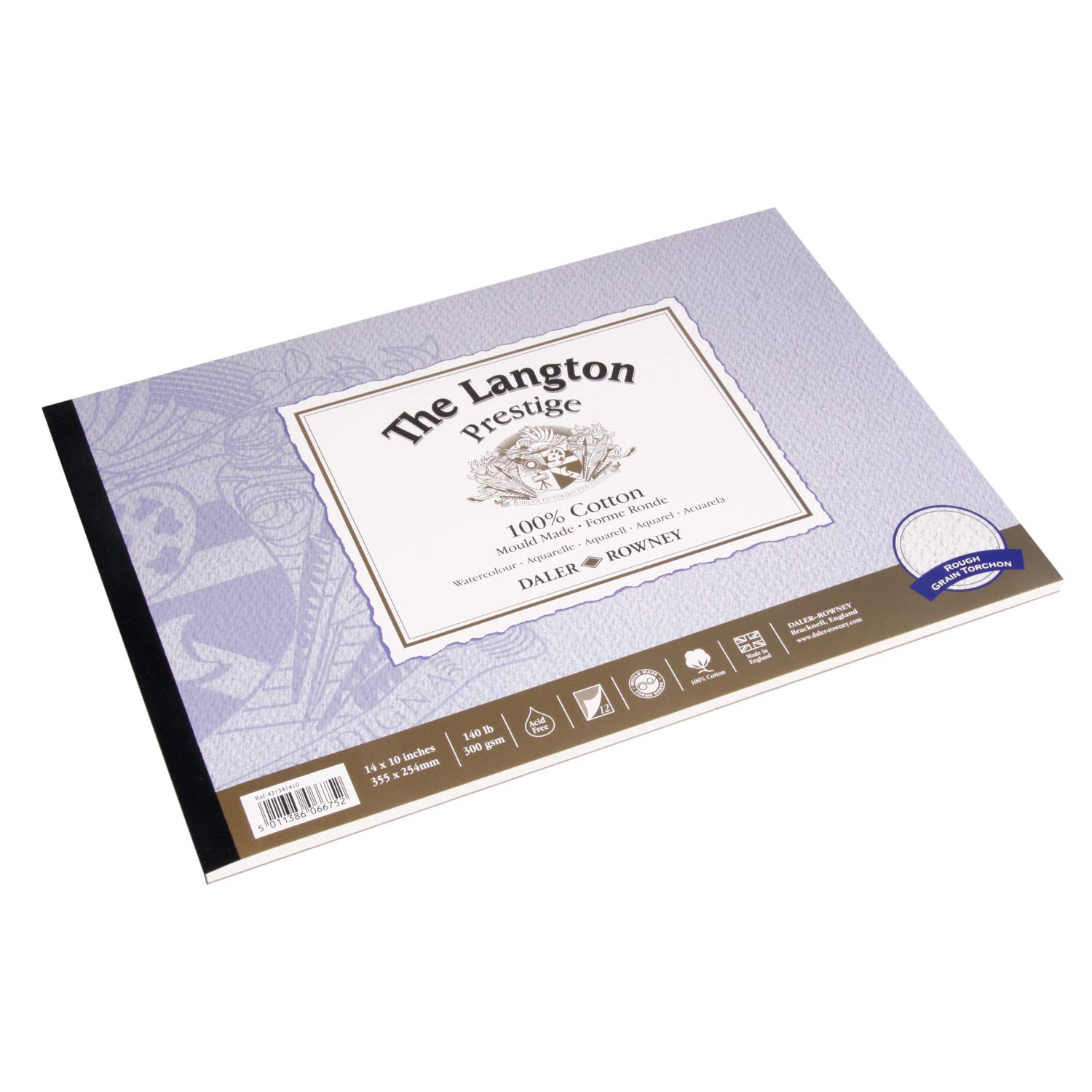 Daler-Rowney The Langton Prestige Rough 300gsm 14 x 10 Inch Watercolour Paper Pad, Glued 1 Side, 12 Natural White Sheets, Ideal for Professional Artists
