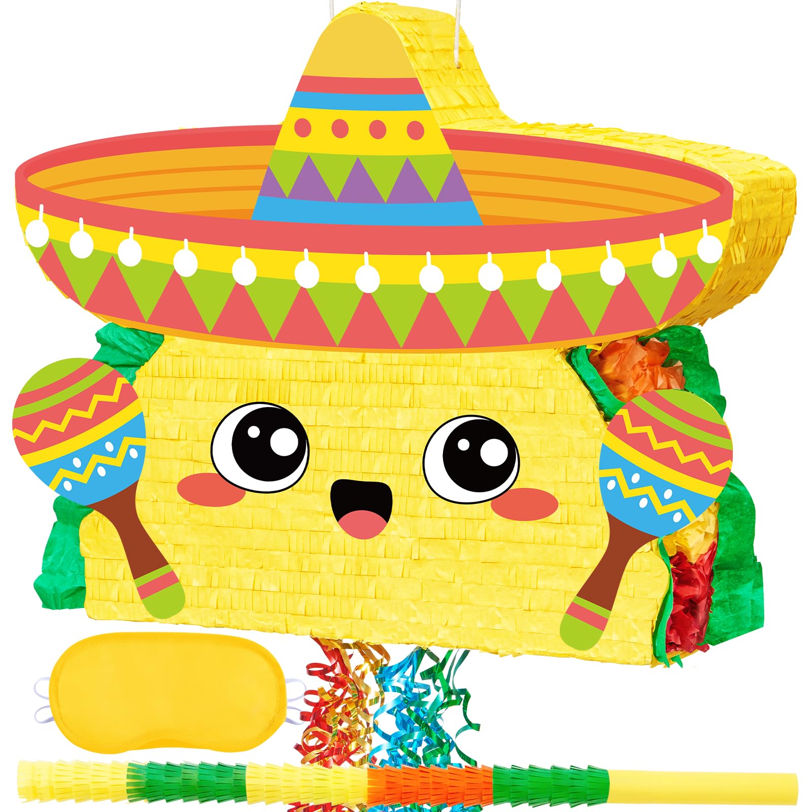 WERNNSAI Large Taco Pinata - Cinco De Mayo Fiesta Theme Taco Pinata with Blindfold and Bat for Mexican Birthday Party Decorations Carnivals Festivals Supplies