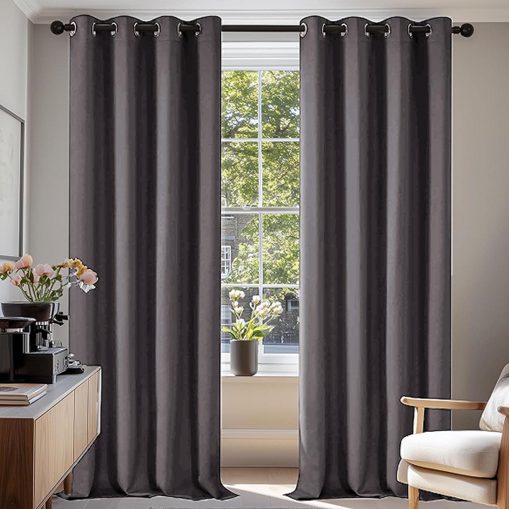 Liujyuan Dark Grey Blackout Curtains For Bedroom 140 X 210 Cm With Eyelet, Windproof, Room Darkening Curtains For Bedroom Thermal Insulated, Solid Color For Balcony, Kithcen Window,