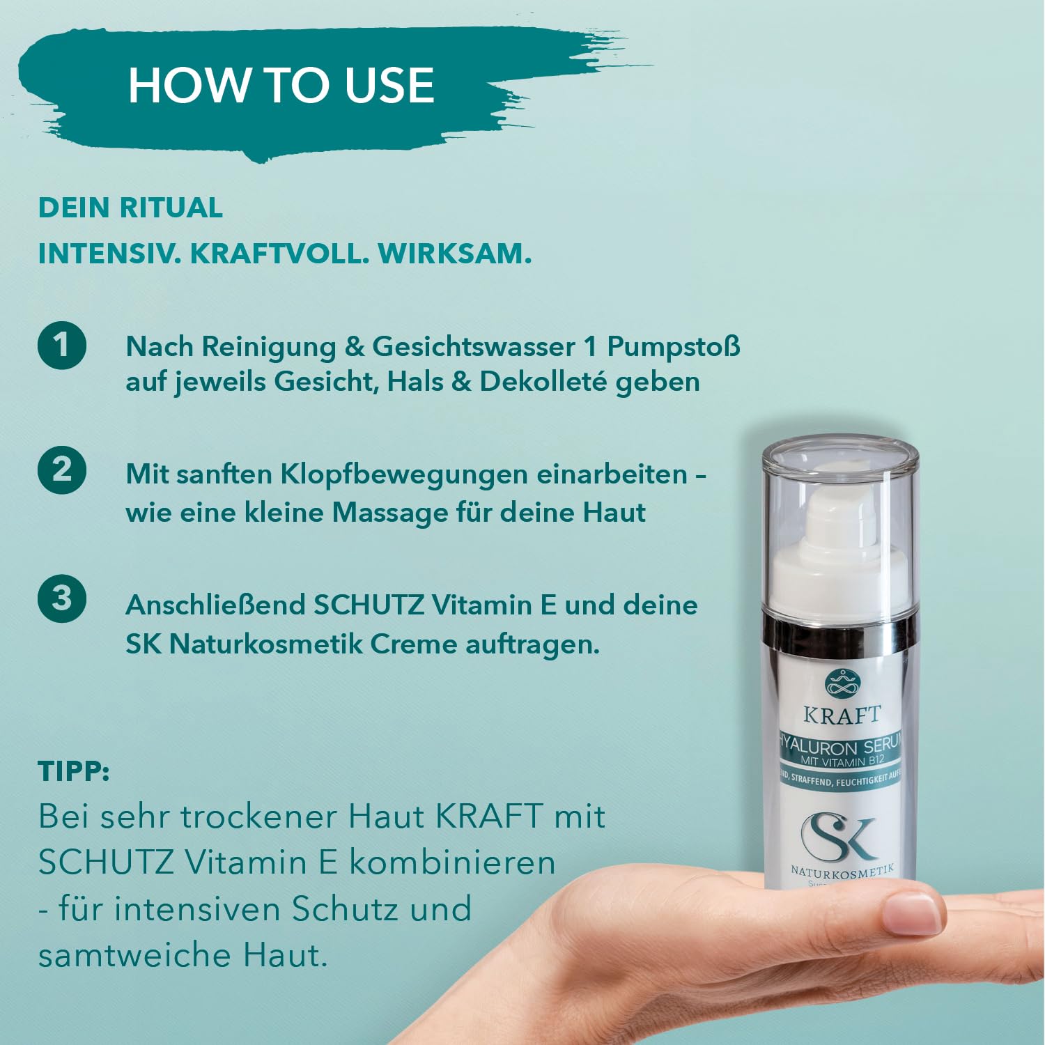 KRAFT Hyaluron Serum, 3-fach Hyaluronsäure mit Vitamin B12, Aloe Vera & Vitamin E | feuchtigkeitsspendendes Gesichtsserum, Anti-Aging Pflege, bei Rosacea, Made in Germany