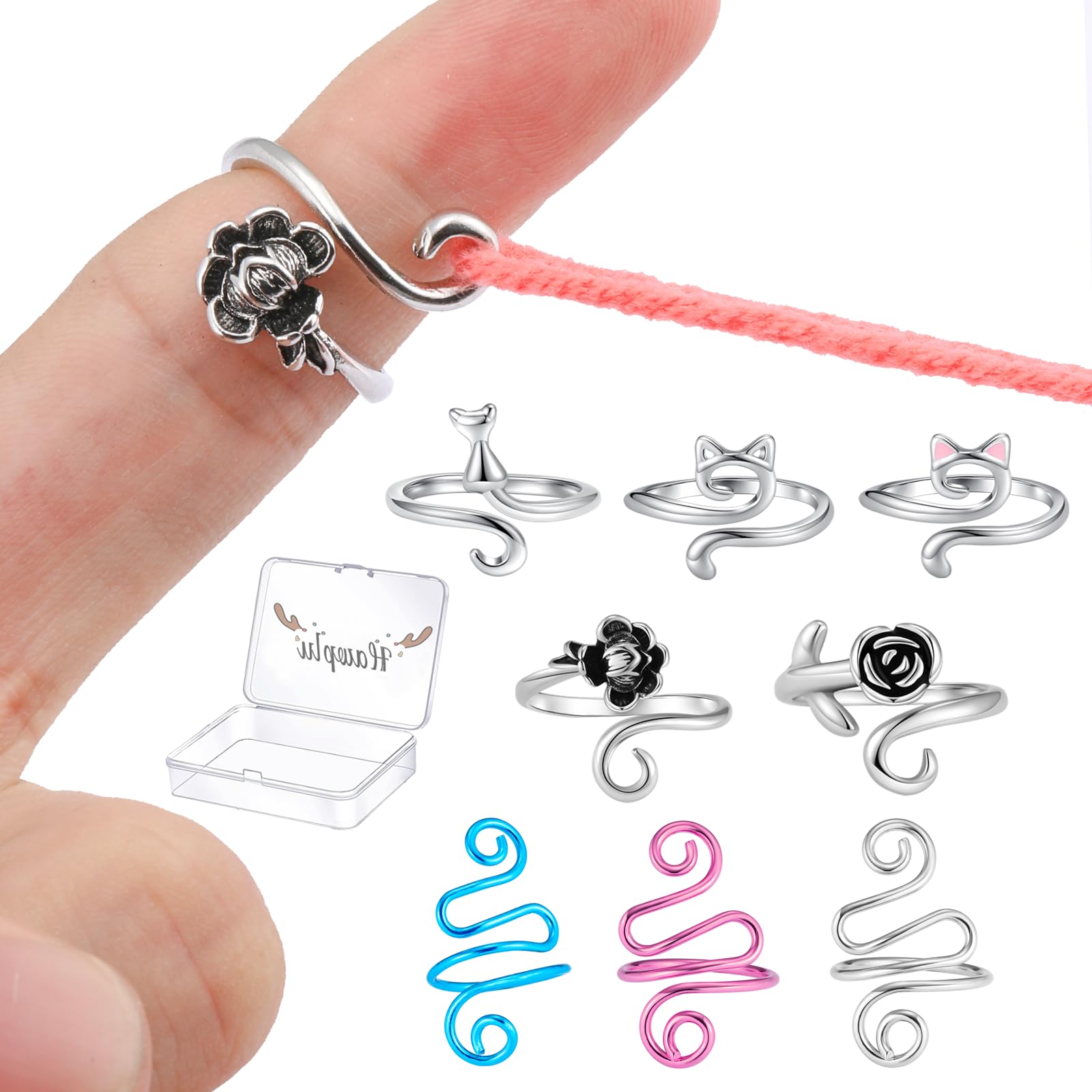 Hawflu Crochet Tension Ring for Finger Crocheting 3 Style Adjustable Yarn Tension Control Ring Handmade Lefties & Righties Cat Flower Knitting Crochet Rings for Crocheters Knitters with Box