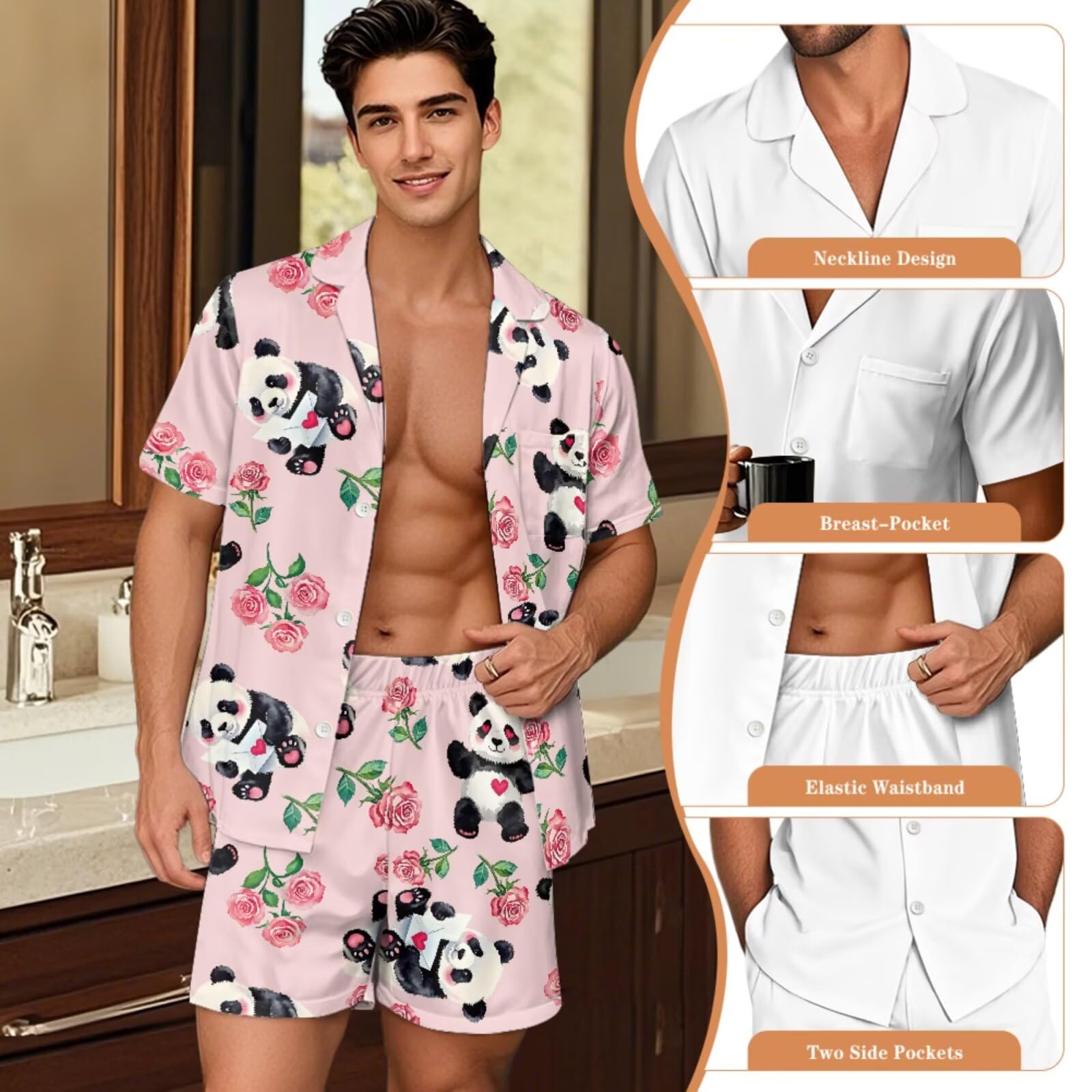 Conjunto de pijama a juego para parejas, casual, manga corta, con botones, con pantalones y bolsillos