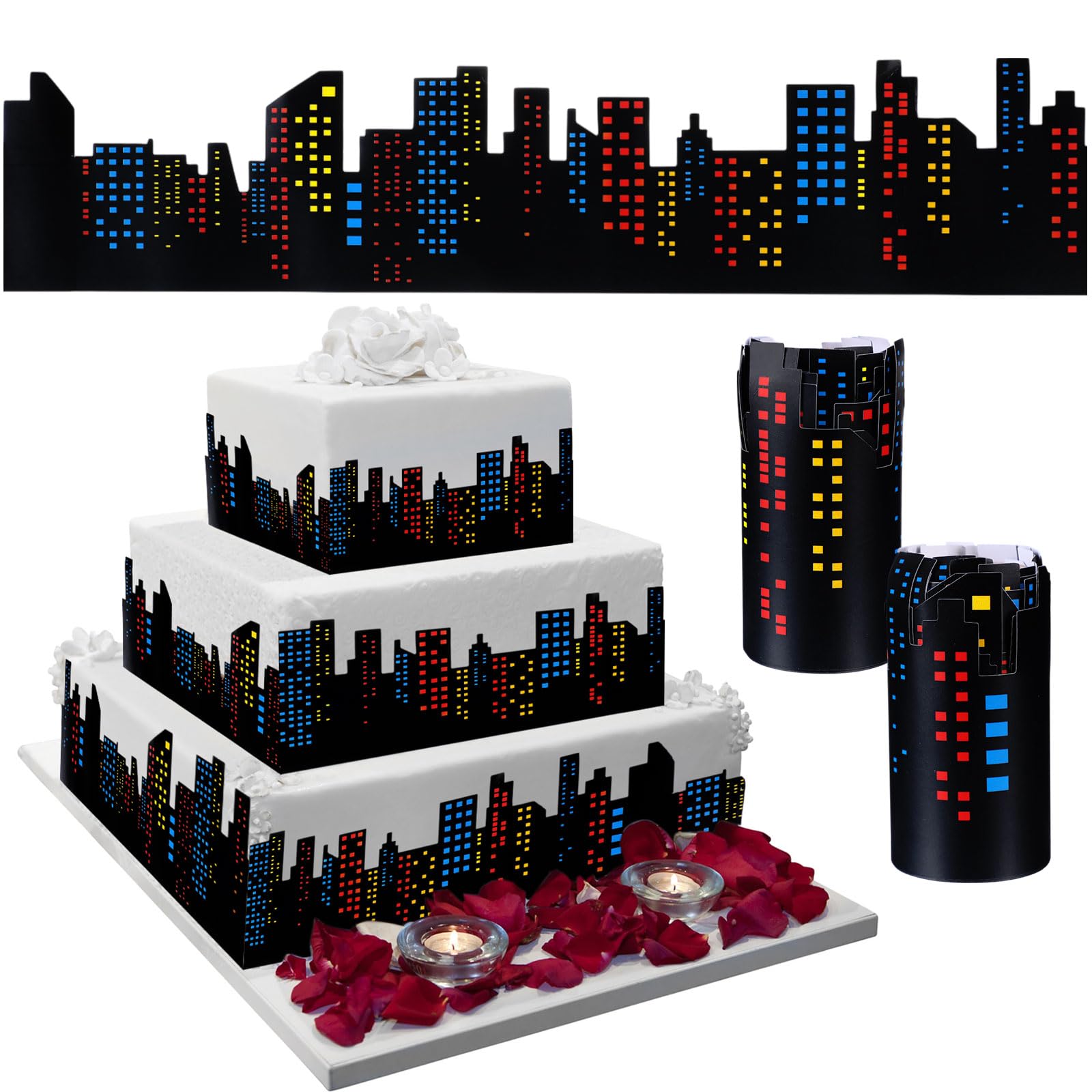 2 Roll City Cake Border Decor Spider Cake Toppers,Skyline,Colorful