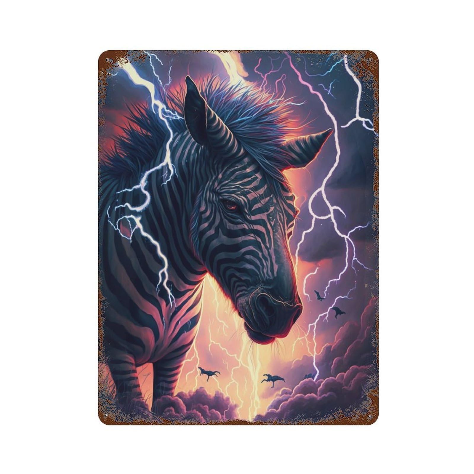 Rust Effect Zebras in Lightning Storm Vintage Rust Metal Sign 15.7"x11.8", Old School Wall Decor for Cafe, Home Bar And Lounge Decor