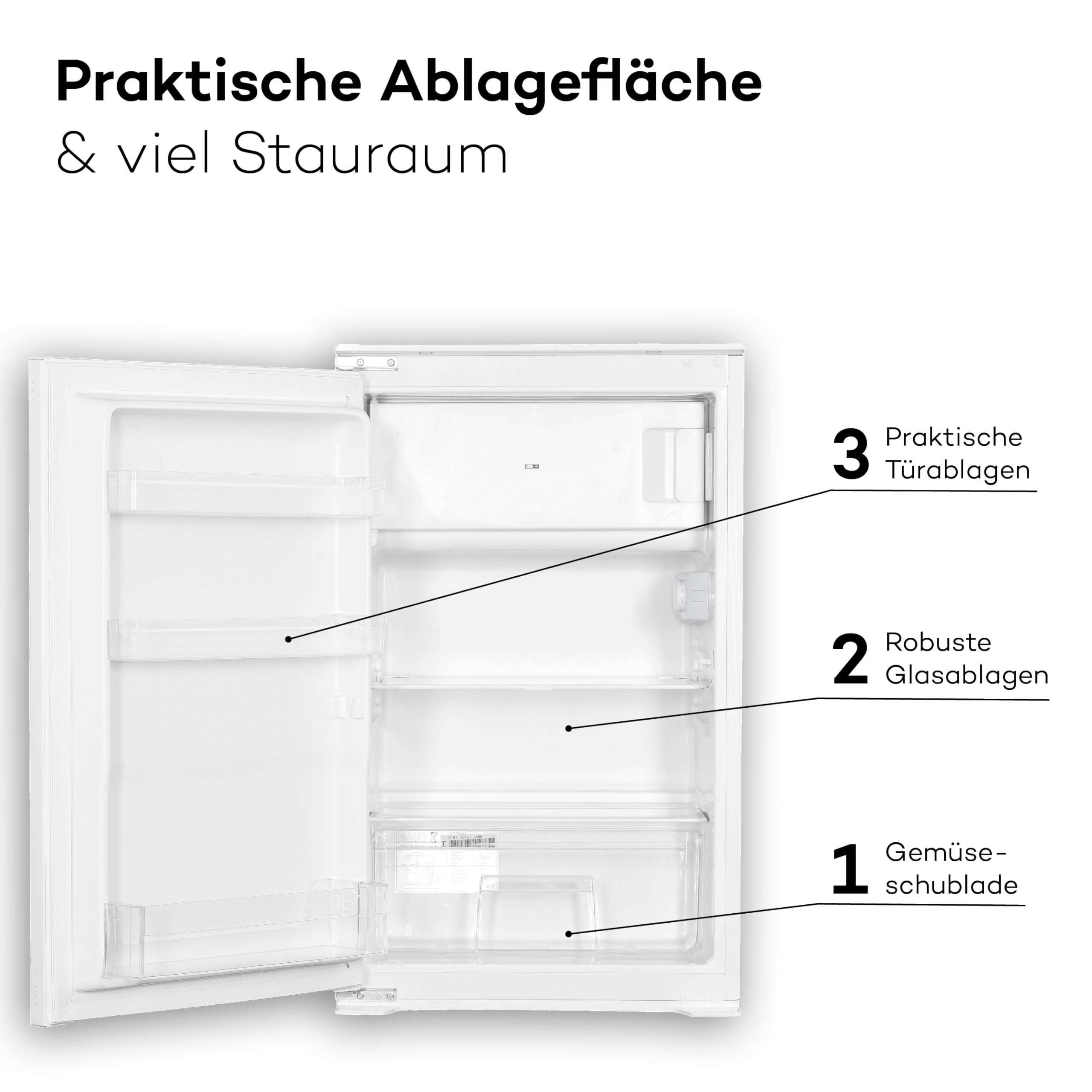 SCHOEPF – KSE410A+ Einbau-Kühlschrank mit Gefrierfach – 118 L Gesamtvolumen – 41 dB leise – 4**** Gefrierfach – 2 kg/24h Gefrierleistung – Automatisches Abtauen – 87 x 54 x 54 cm (Energieklasse F)