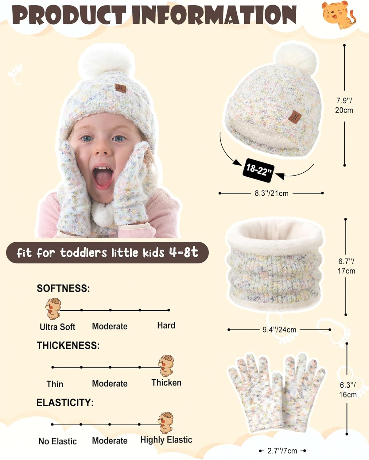 Kids Hat Scarf Gloves Set Girl Ages 3-5 4-6, Toddler Winter Fleece Lined Beanie Hats Mittens 2t Boys Baby 6-12 9 12-18 Months - Image 6