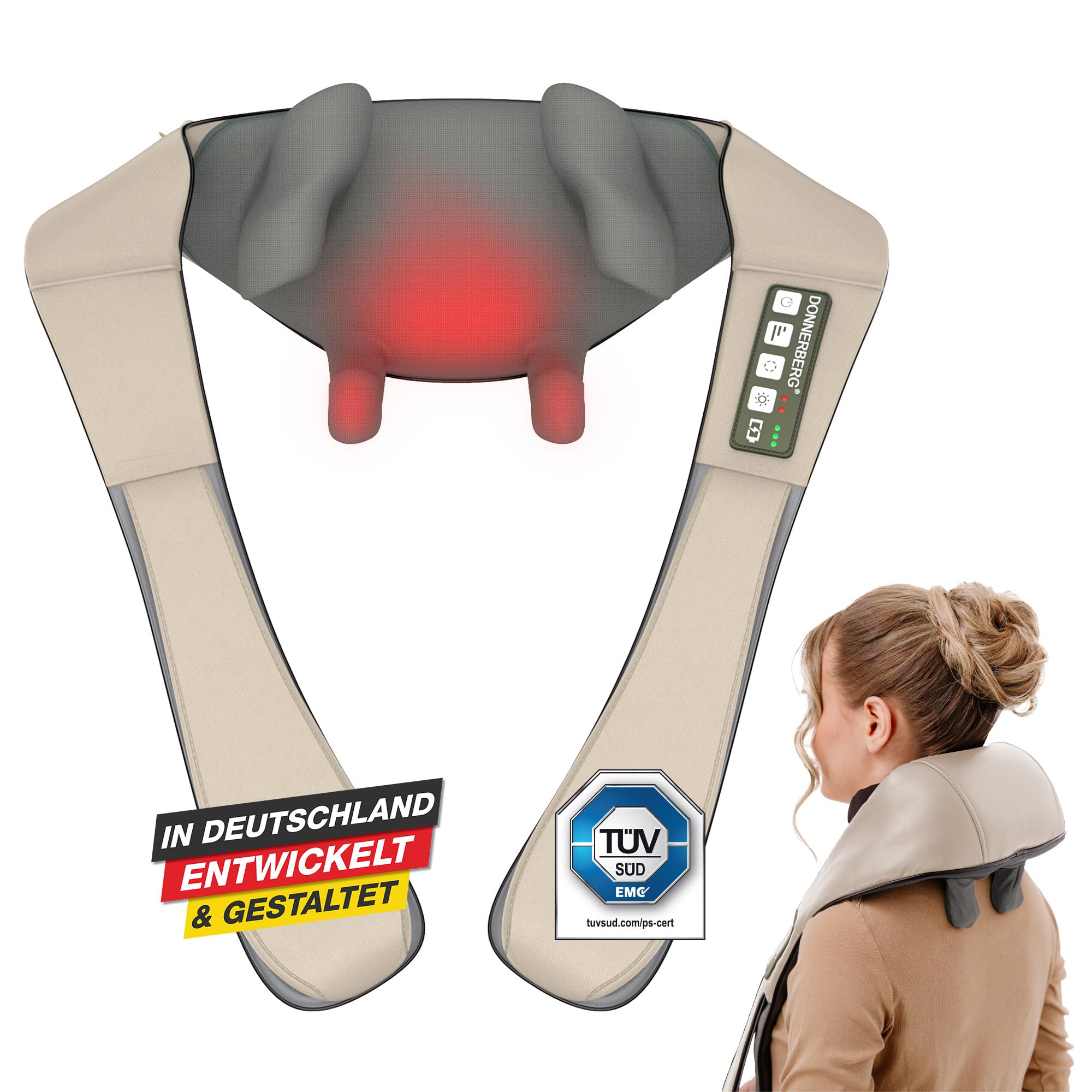 DONNERBERG® Proneck Nackenmassagegerät Kabellos, Shiatsu & Tiefenmassage | Massagegerät mit Wärme & Infrarot – Intensive, Kraftvolle Massage für Nacken, Schultern und Trapezbereich, TÜV-geprüft