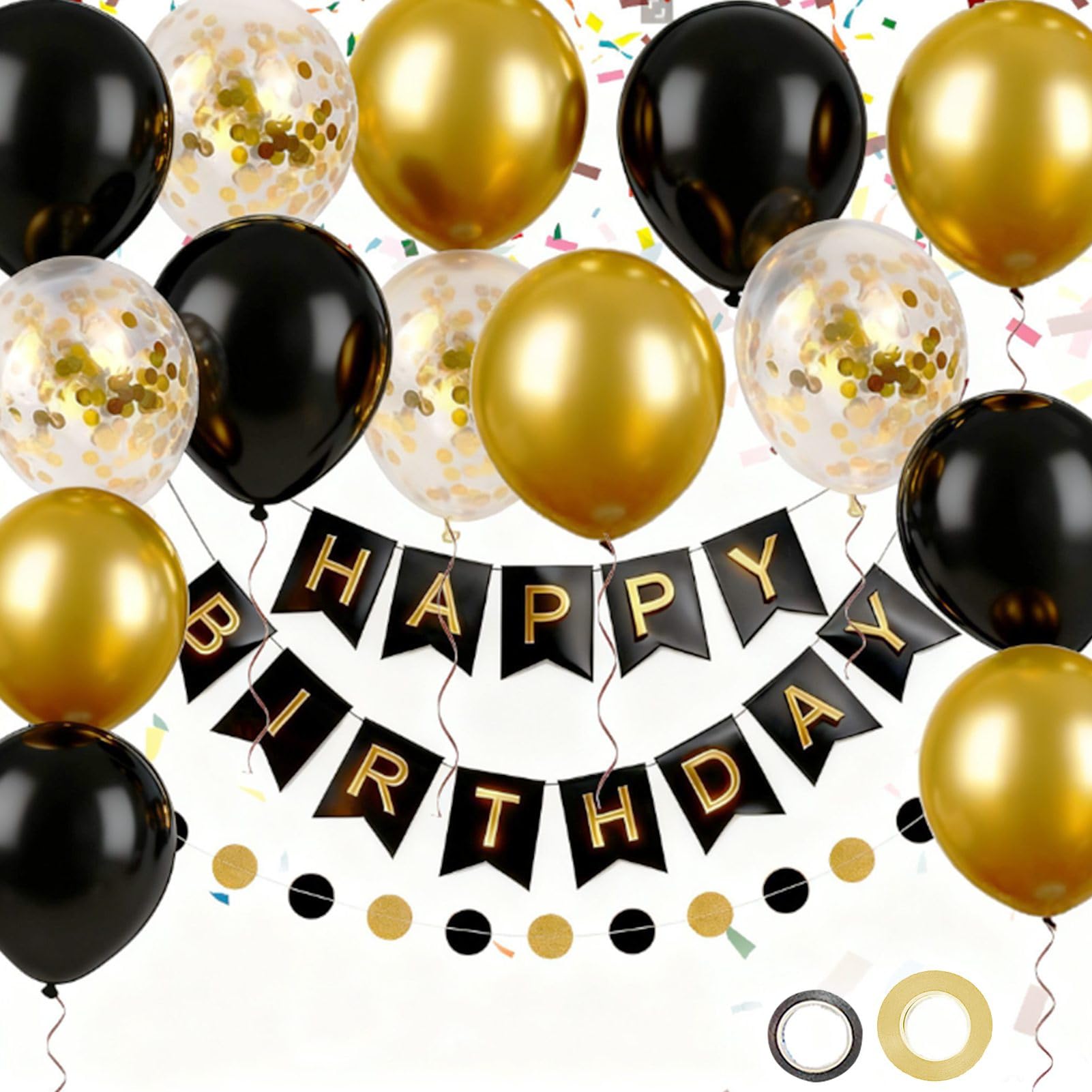 EUFARS Black Happy Birthday Banner, Black and Metallic Gold Balloons for Birthday Celebrations