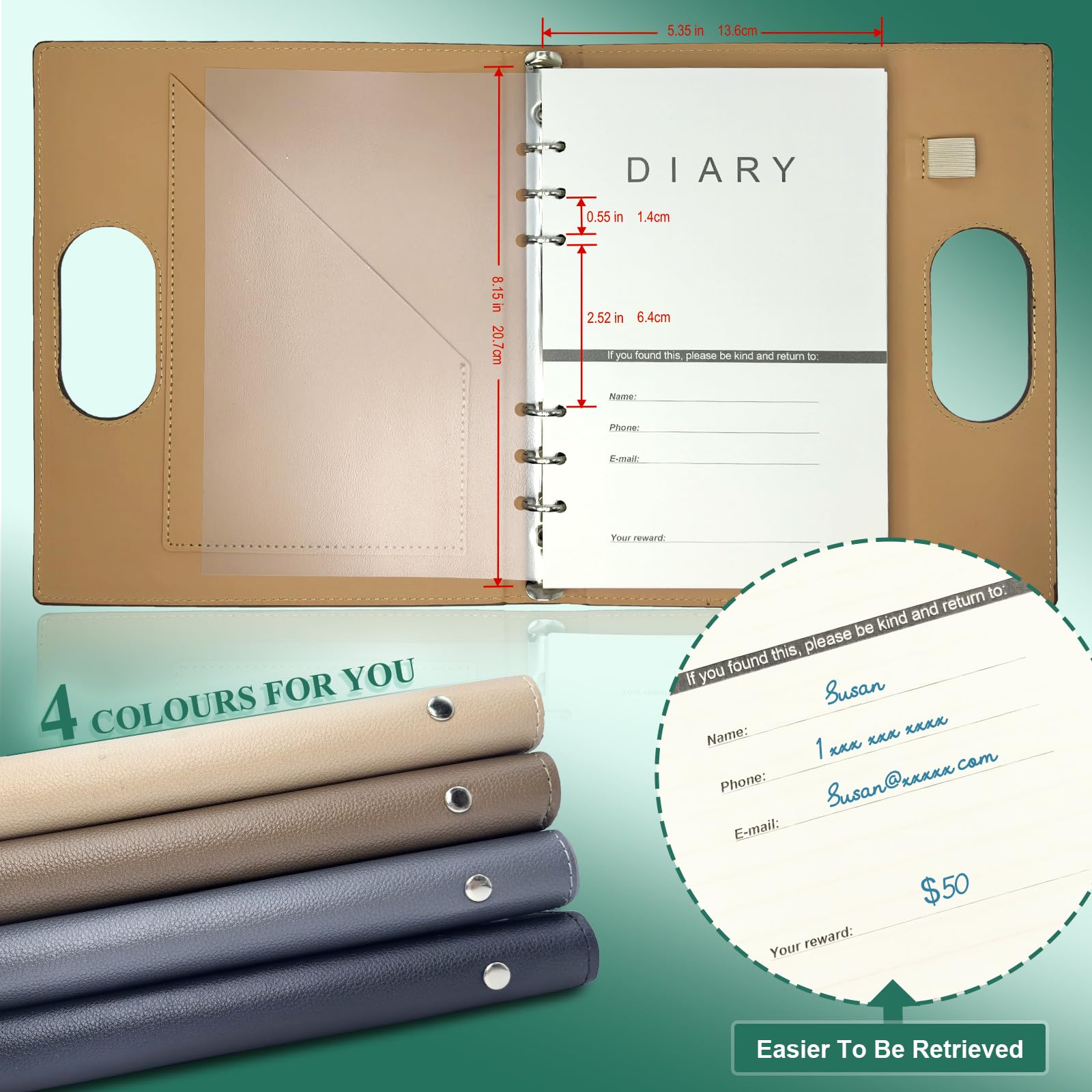 Przenośny notatnik A5 w kropki, 14,7 x 21,1 cm, 160 stron grubego papieru 100 g, konstrukcja z 6 pierścieniami z pętelką na długopis i naklejkami na zakładki indeksowe, idealny do pisania, podróży