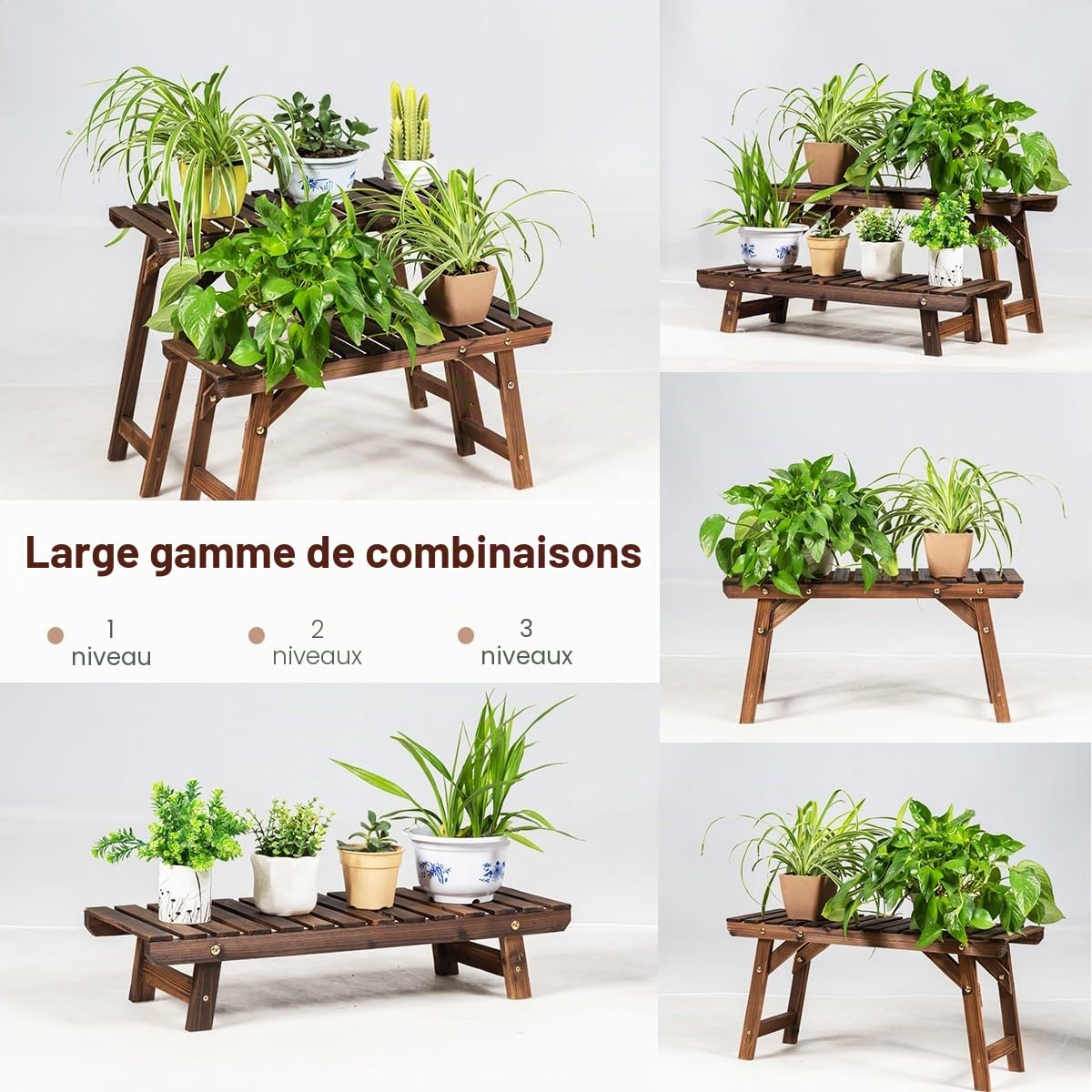 Étagère pour plantes en bois à 3 Etagères Interieur et extérieur, Support Plantes, Présentoir, Porte Plantes, Piédestal à Echelle pour Salon Balcon Terrasse Jardin